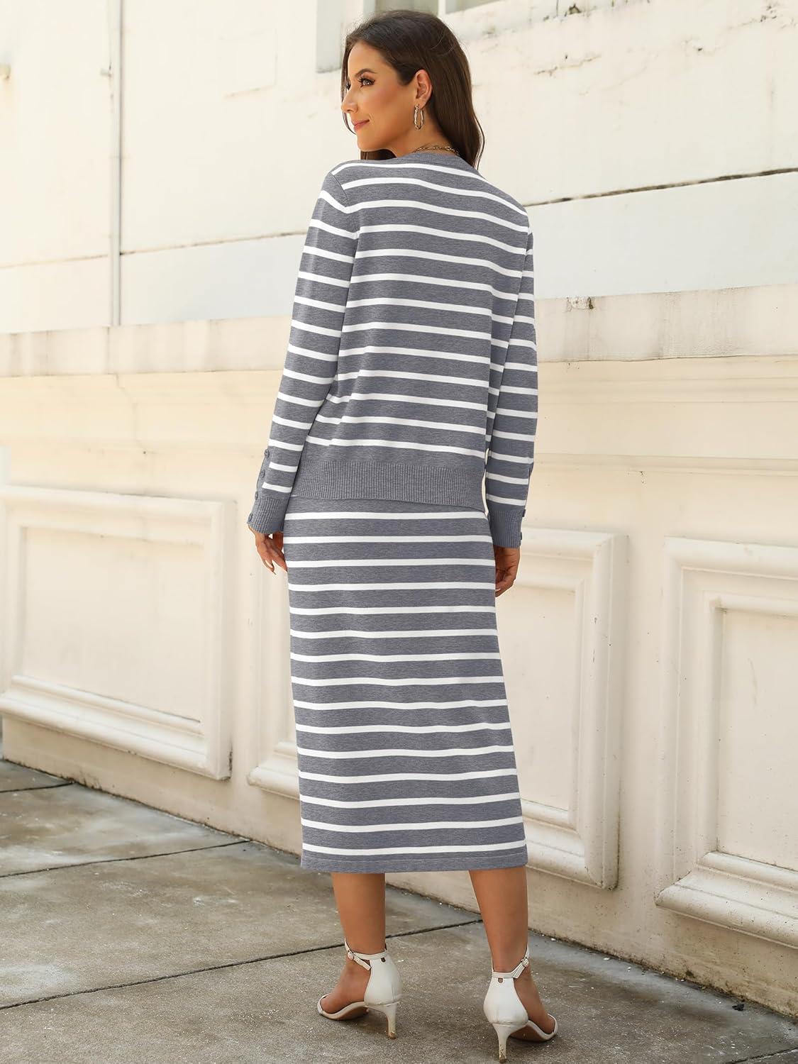 imageANRABESS 2 Piece Skirts Sets For Women Fall Fashion 2025 Striped Sweater Midi Dress Knit Lounge Travel Outfits Winter ClothesGrey White
