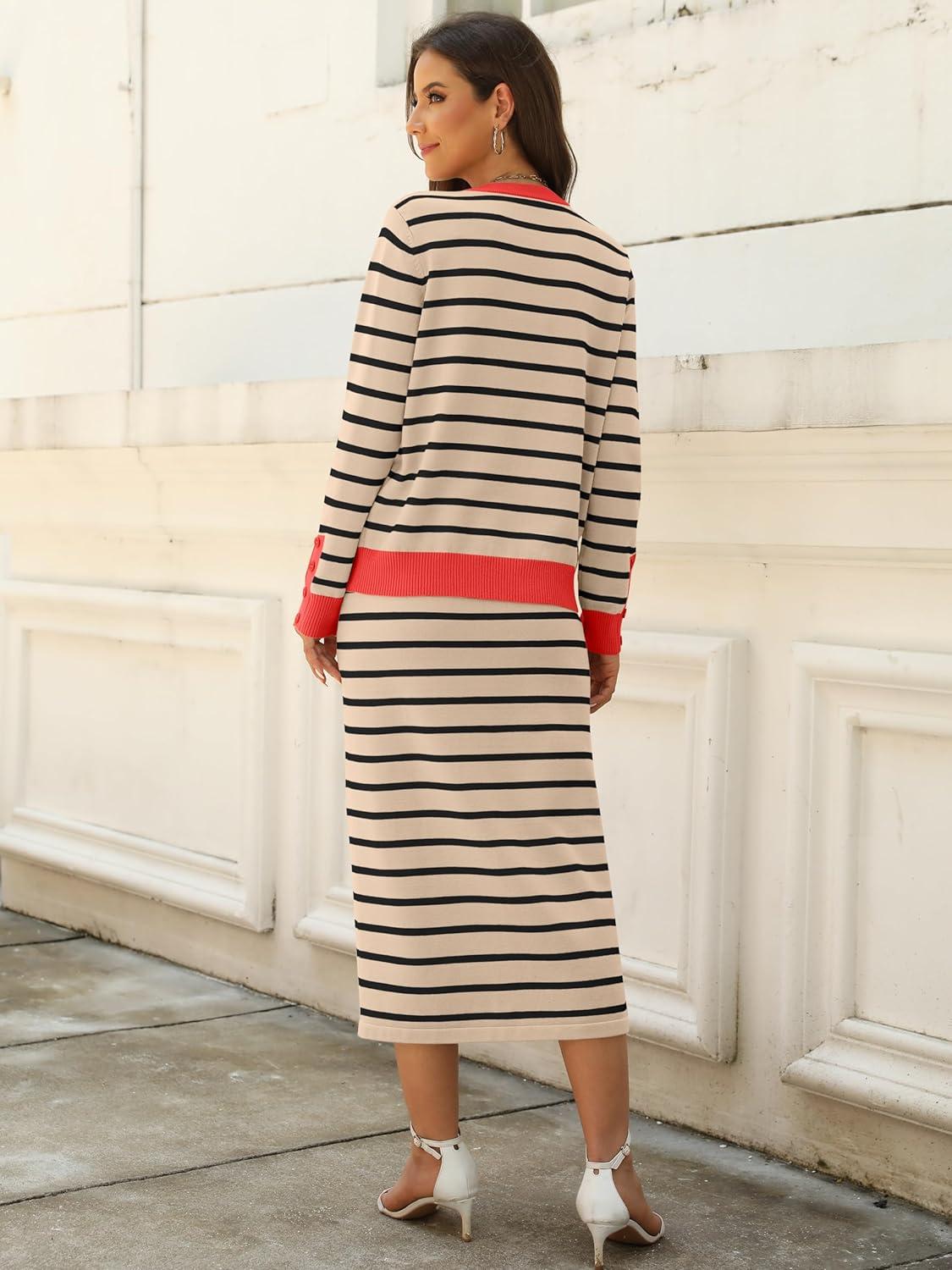 imageANRABESS 2 Piece Skirts Sets For Women Fall Fashion 2025 Striped Sweater Midi Dress Knit Lounge Travel Outfits Winter ClothesKhaki Black Red