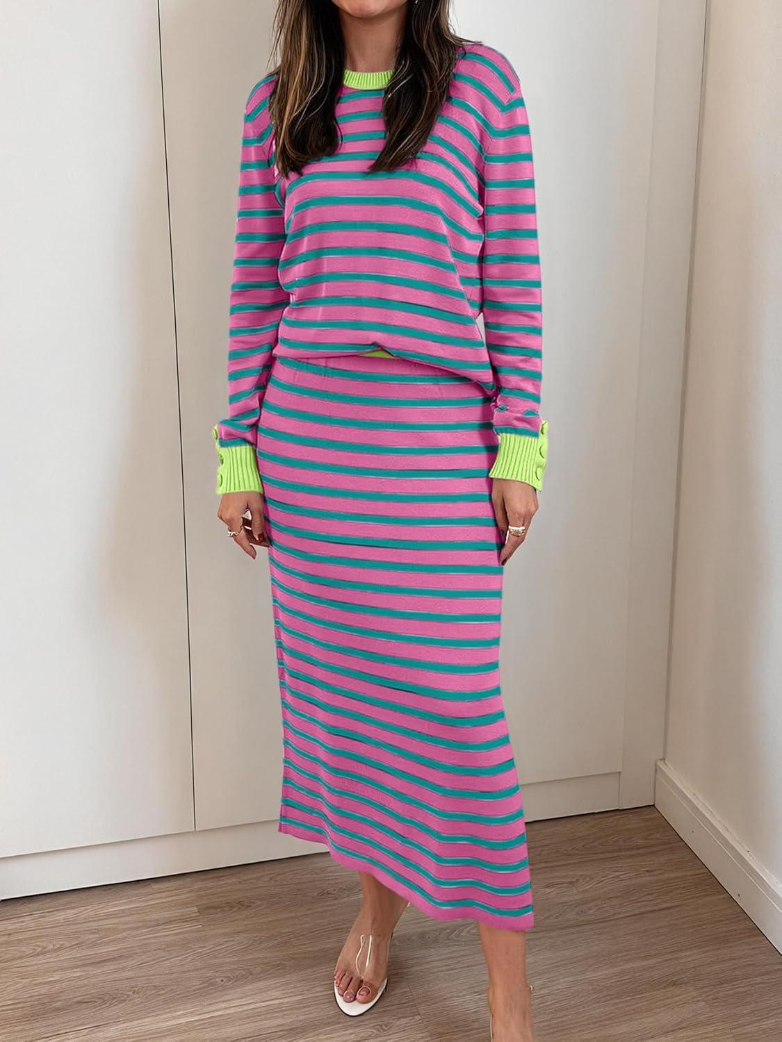 imageANRABESS 2 Piece Skirts Sets For Women Fall Fashion 2025 Striped Sweater Midi Dress Knit Lounge Travel Outfits Winter ClothesPink Green
