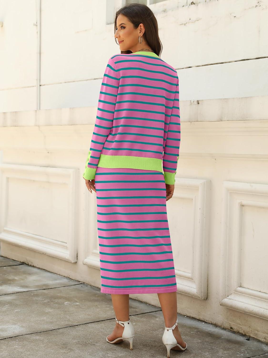 imageANRABESS 2 Piece Skirts Sets For Women Fall Fashion 2025 Striped Sweater Midi Dress Knit Lounge Travel Outfits Winter ClothesPink Green