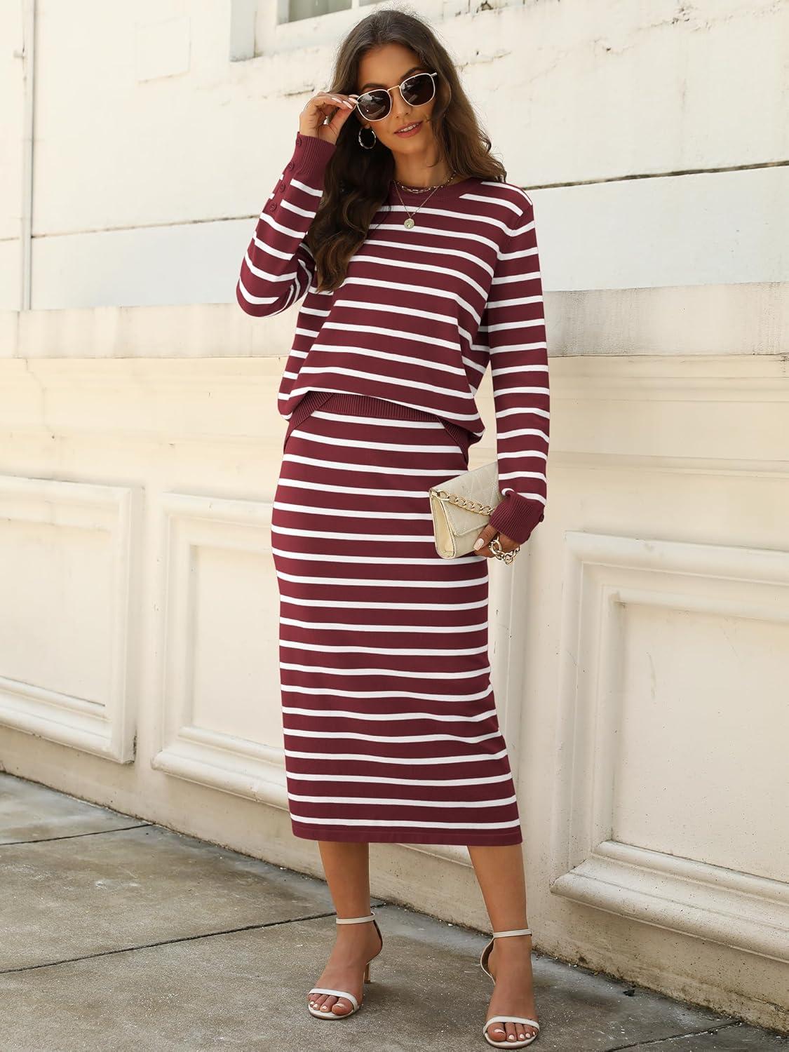 imageANRABESS 2 Piece Skirts Sets For Women Fall Fashion 2025 Striped Sweater Midi Dress Knit Lounge Travel Outfits Winter ClothesRed White