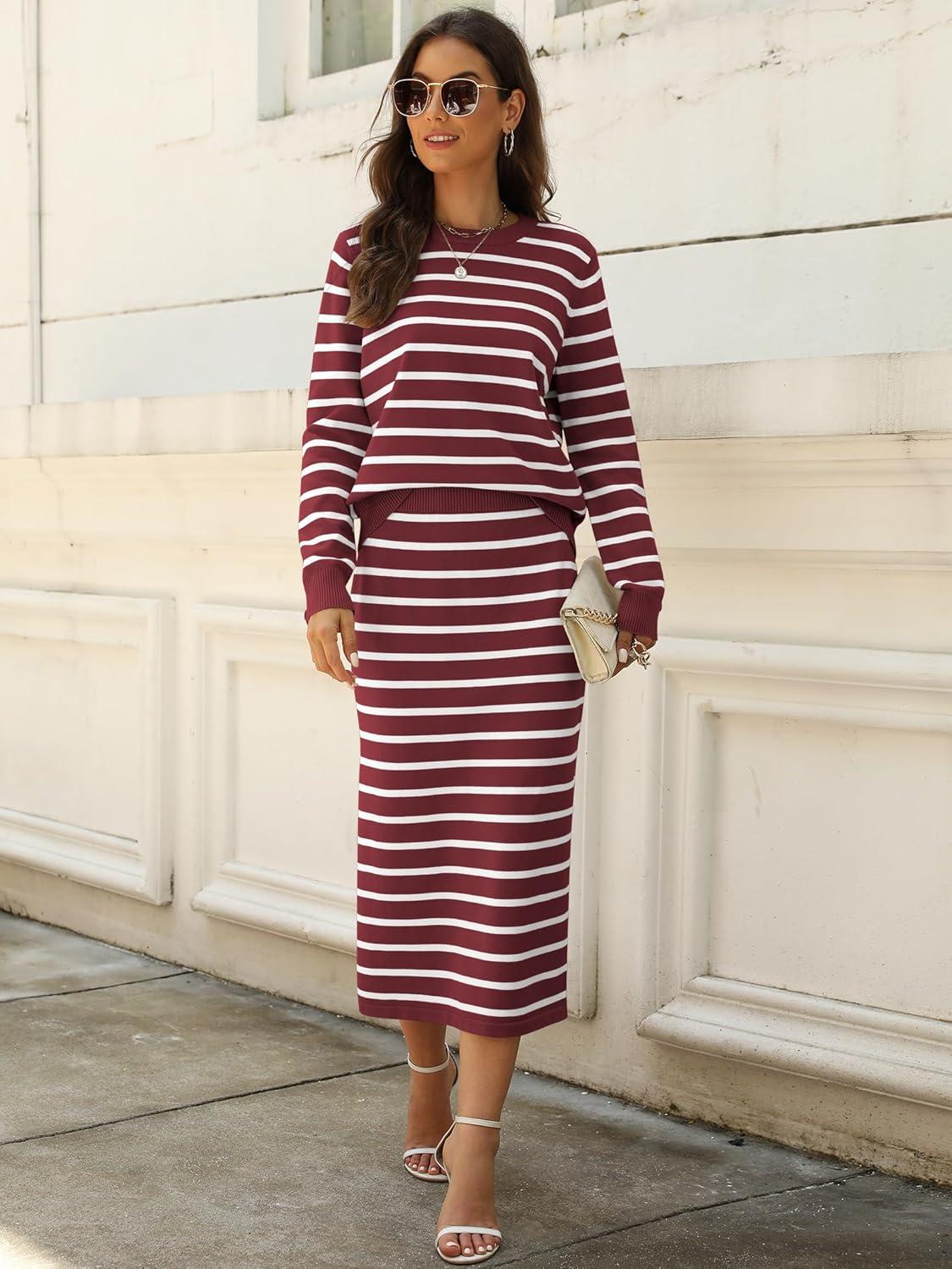 imageANRABESS 2 Piece Skirts Sets For Women Fall Fashion 2025 Striped Sweater Midi Dress Knit Lounge Travel Outfits Winter ClothesRed White