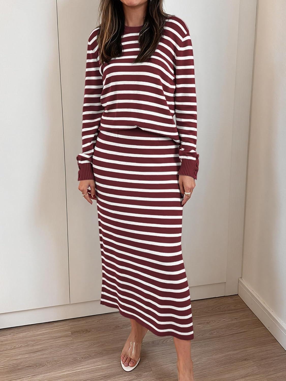 imageANRABESS 2 Piece Skirts Sets For Women Fall Fashion 2025 Striped Sweater Midi Dress Knit Lounge Travel Outfits Winter ClothesRed White