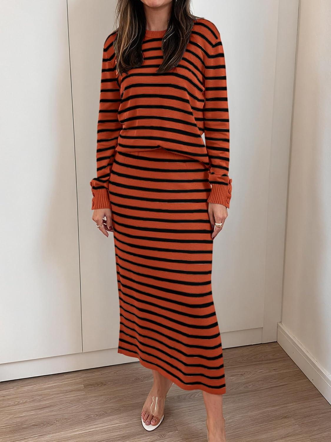 imageANRABESS 2 Piece Skirts Sets For Women Fall Fashion 2025 Striped Sweater Midi Dress Knit Lounge Travel Outfits Winter ClothesRust Red Black