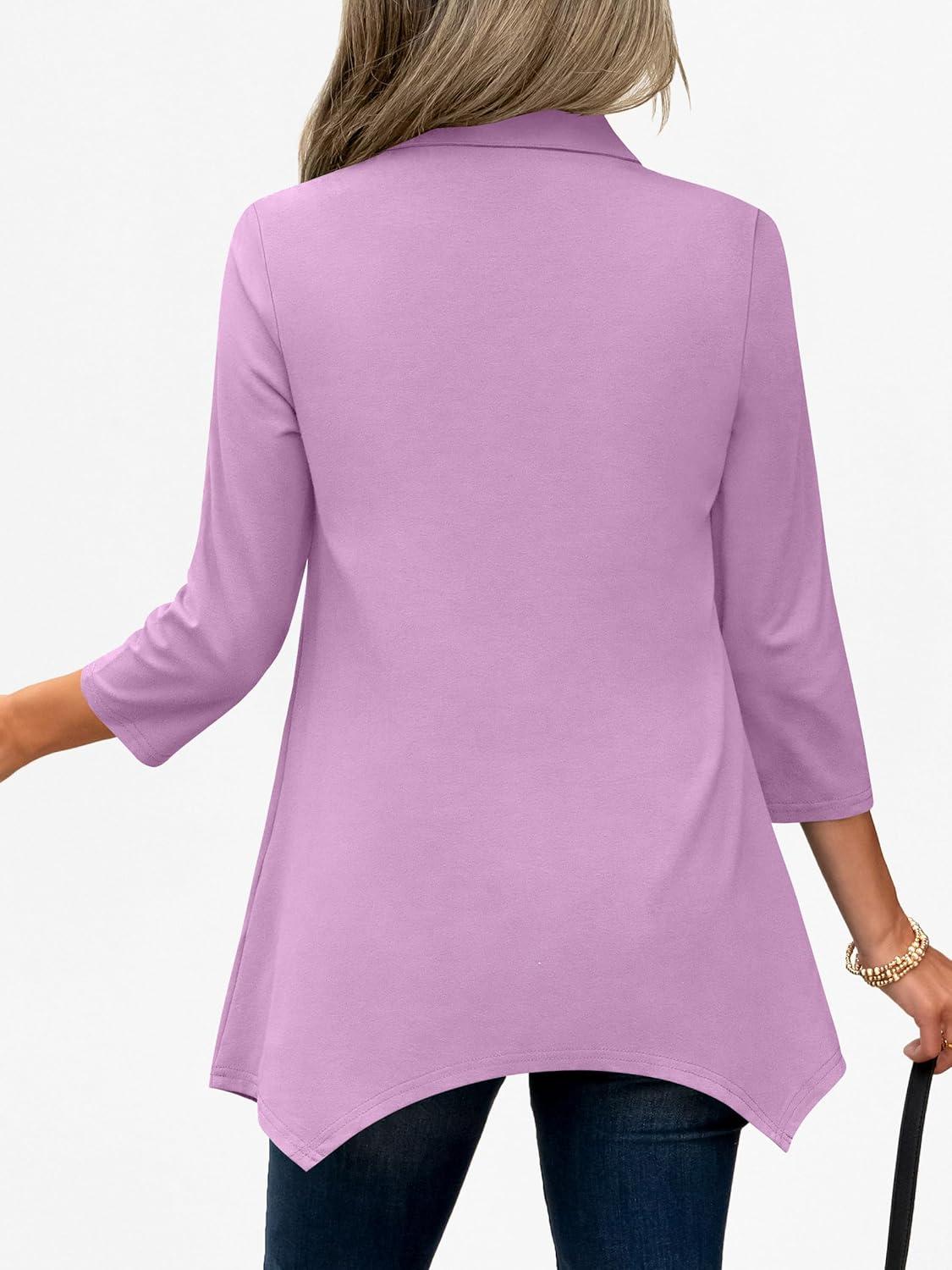 imageANRABESS 34 Sleeve Tunic Tops for Women Lapel V Neck Button Down Shirts Business Dressy Casual Blouse with Asymmetrical HemPurple