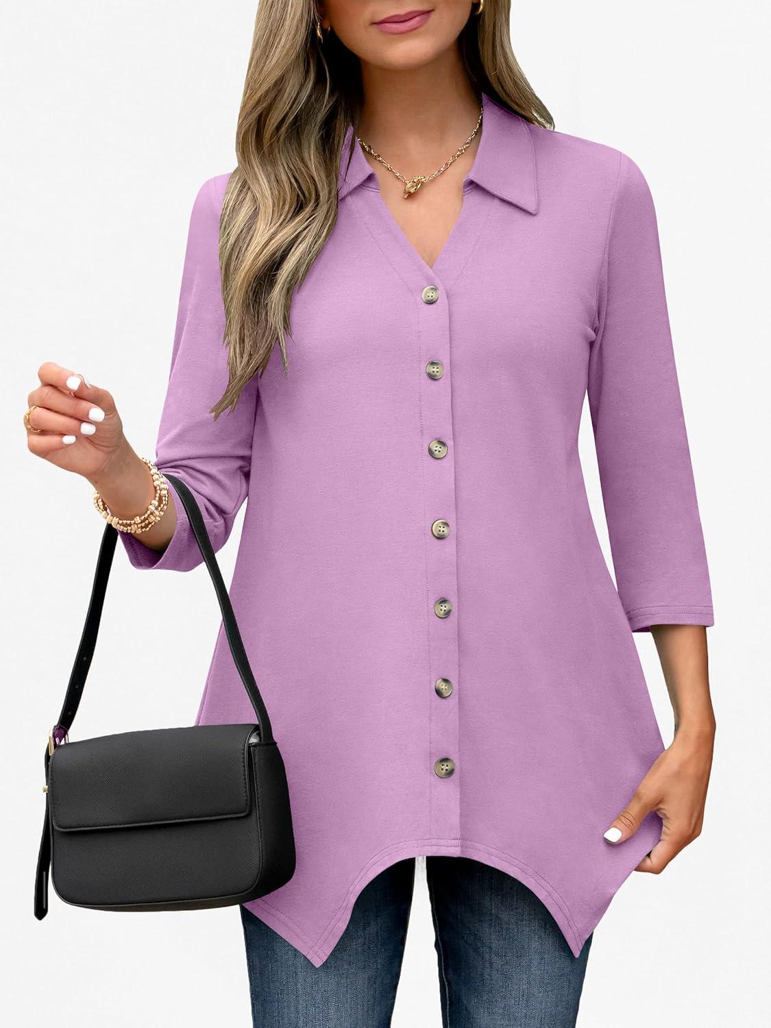 imageANRABESS 34 Sleeve Tunic Tops for Women Lapel V Neck Button Down Shirts Business Dressy Casual Blouse with Asymmetrical HemPurple