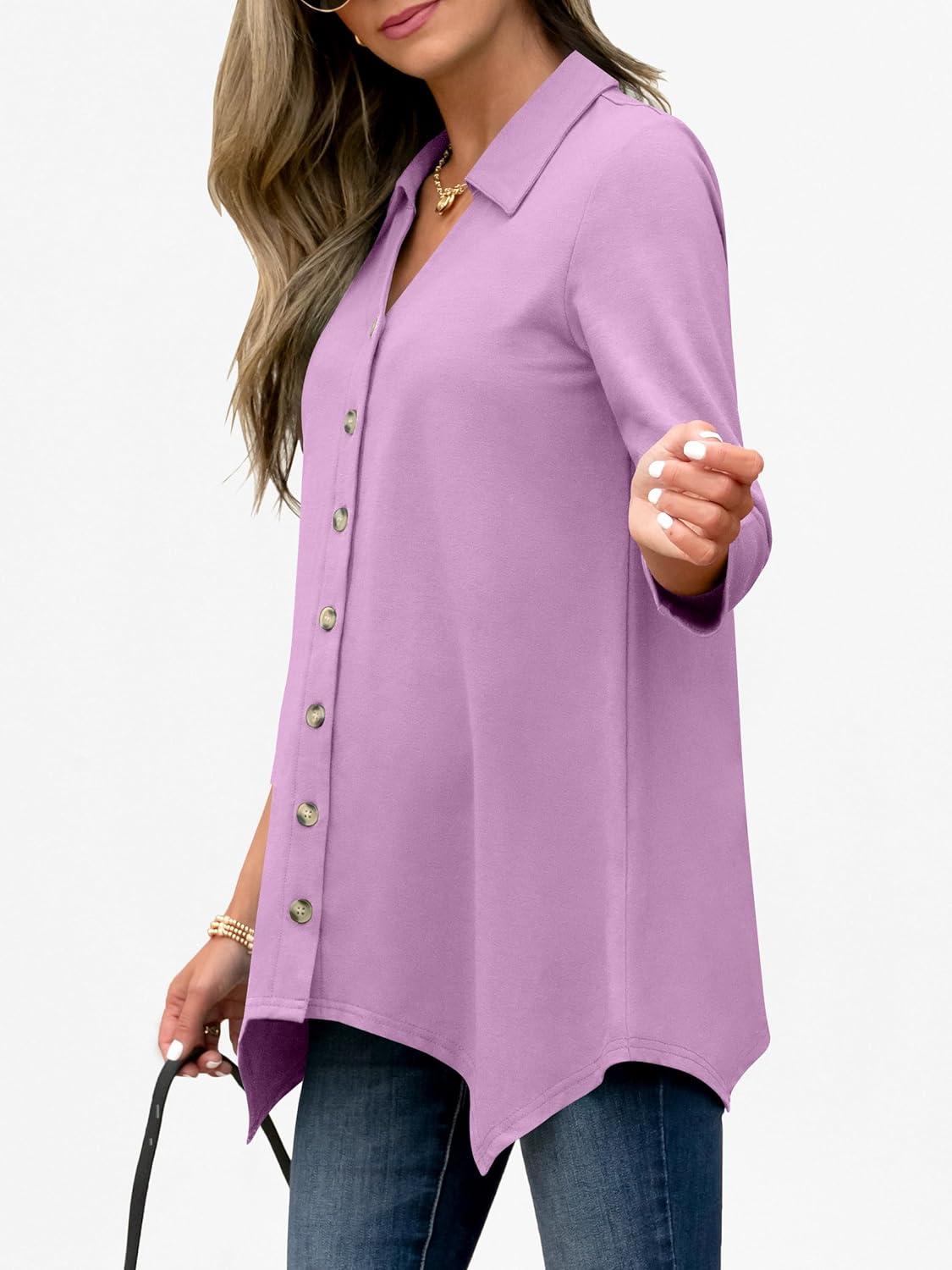 imageANRABESS 34 Sleeve Tunic Tops for Women Lapel V Neck Button Down Shirts Business Dressy Casual Blouse with Asymmetrical HemPurple