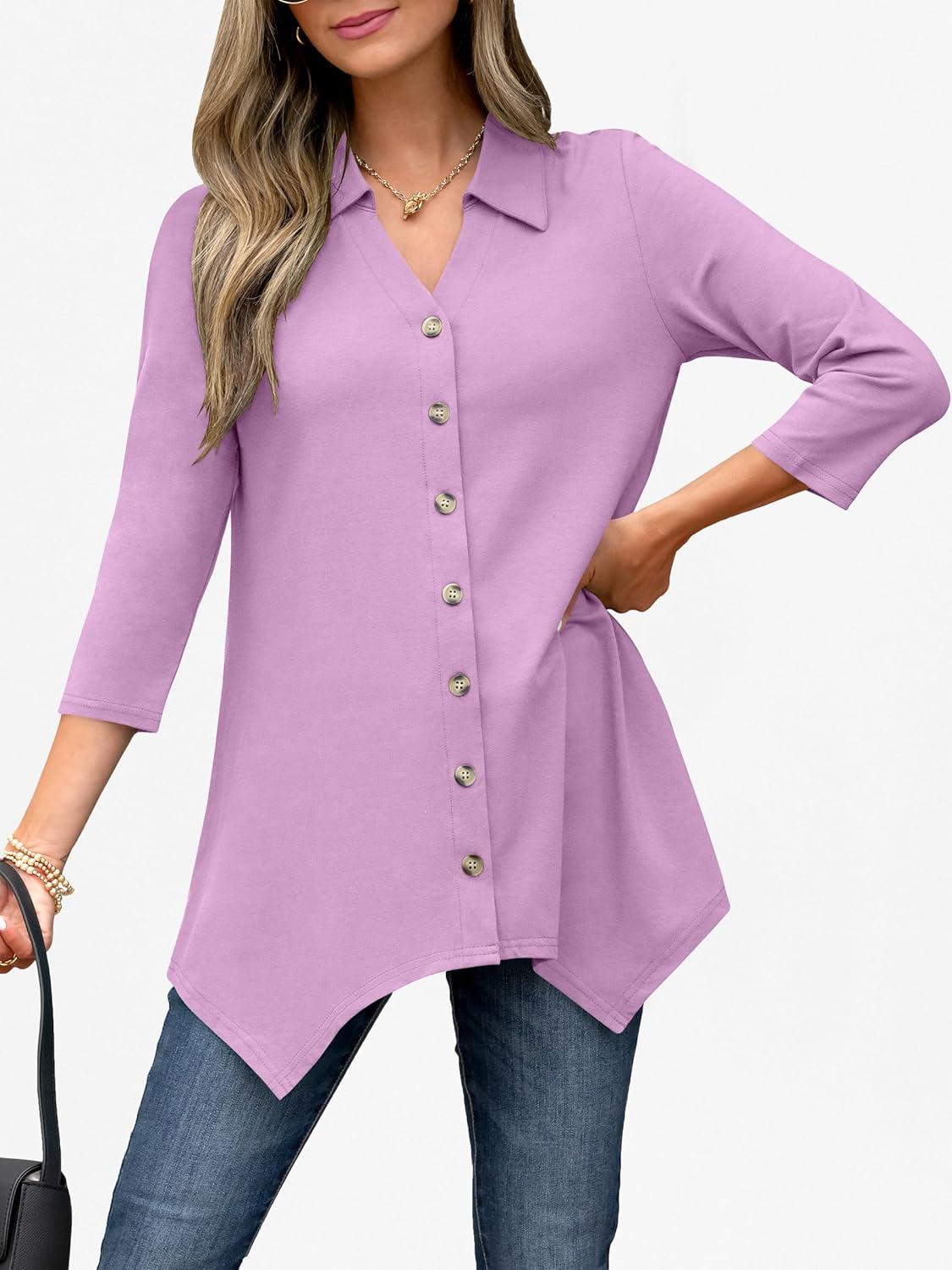 imageANRABESS 34 Sleeve Tunic Tops for Women Lapel V Neck Button Down Shirts Business Dressy Casual Blouse with Asymmetrical HemPurple