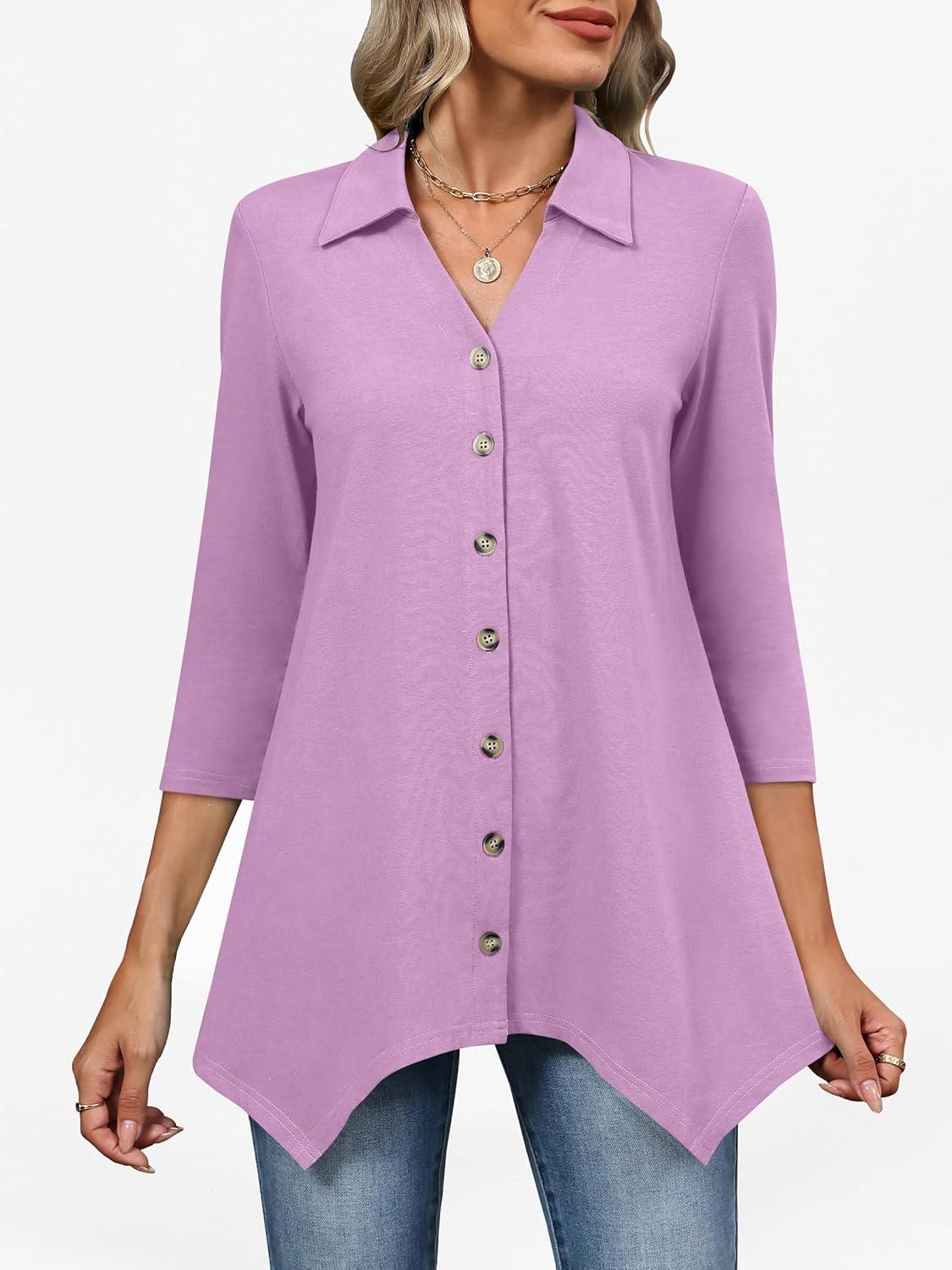 imageANRABESS 34 Sleeve Tunic Tops for Women Lapel V Neck Button Down Shirts Business Dressy Casual Blouse with Asymmetrical HemPurple