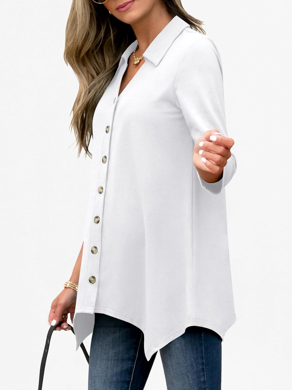 imageANRABESS 34 Sleeve Tunic Tops for Women Lapel V Neck Button Down Shirts Business Dressy Casual Blouse with Asymmetrical HemWhite