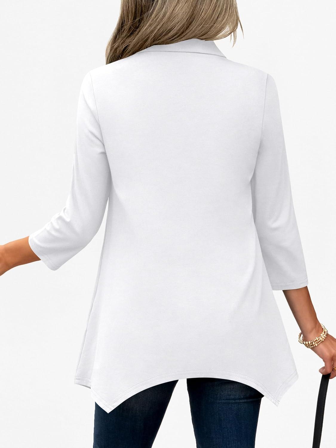 imageANRABESS 34 Sleeve Tunic Tops for Women Lapel V Neck Button Down Shirts Business Dressy Casual Blouse with Asymmetrical HemWhite