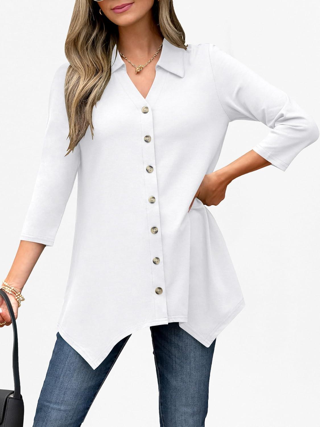 imageANRABESS 34 Sleeve Tunic Tops for Women Lapel V Neck Button Down Shirts Business Dressy Casual Blouse with Asymmetrical HemWhite