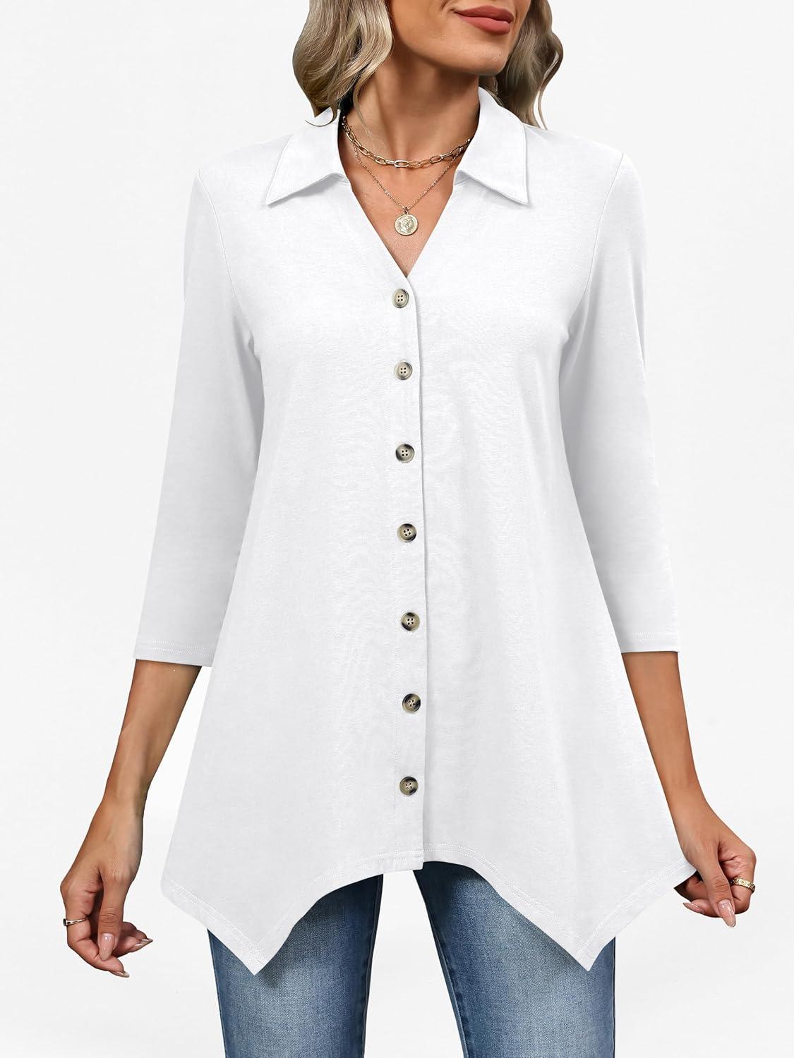 imageANRABESS 34 Sleeve Tunic Tops for Women Lapel V Neck Button Down Shirts Business Dressy Casual Blouse with Asymmetrical HemWhite