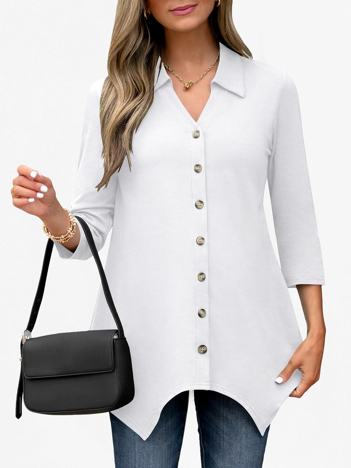 imageANRABESS 34 Sleeve Tunic Tops for Women Lapel V Neck Button Down Shirts Business Dressy Casual Blouse with Asymmetrical HemWhite