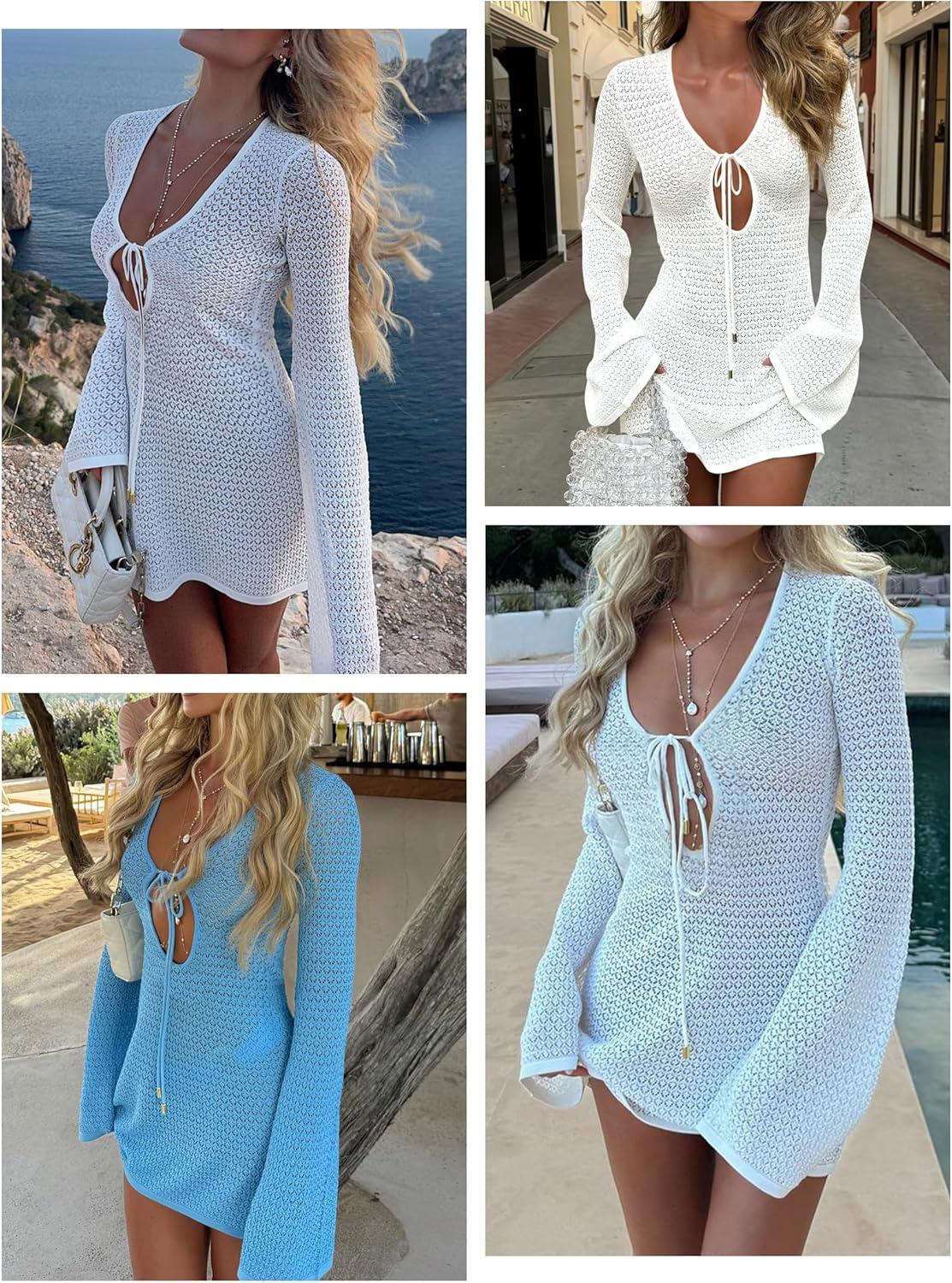 imageANRABESS Beach Cover Ups for Women Crochet Swimsuit Bathing Suit Swimwear Bikini Mesh Knit Dress 2025 Summer Vacation OutfitsOffwhite