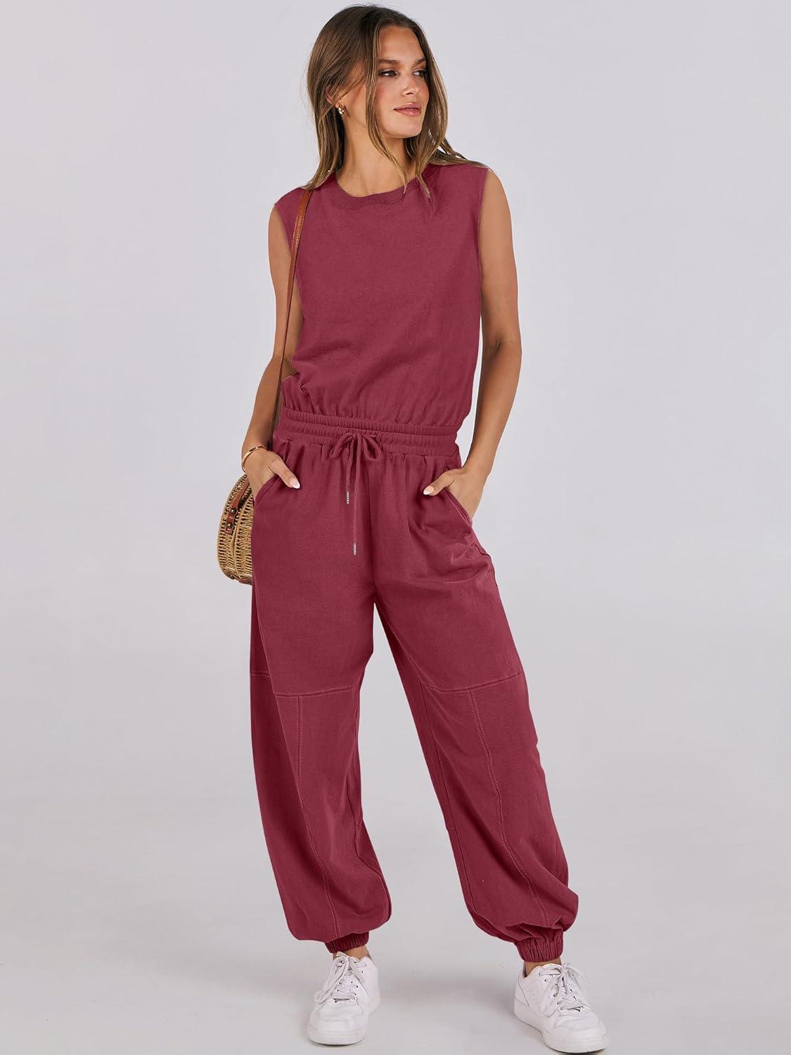 imageANRABESS Jumpsuits for Women Casual Summer Sleeveless 2025 Romper One Piece Outfit Active Workout Lounge Jumpsuits PocketsBurgundy