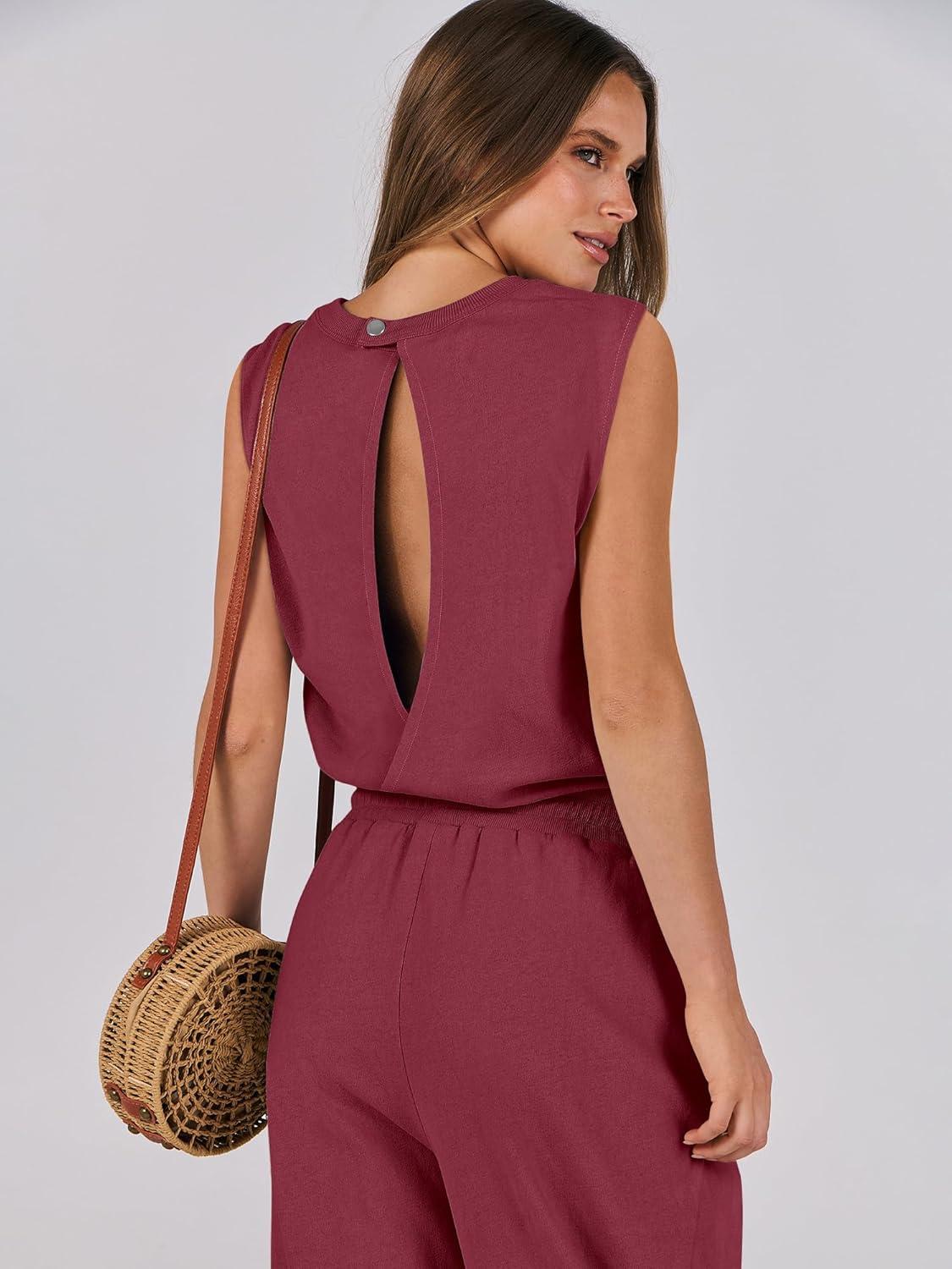 imageANRABESS Jumpsuits for Women Casual Summer Sleeveless 2025 Romper One Piece Outfit Active Workout Lounge Jumpsuits PocketsBurgundy
