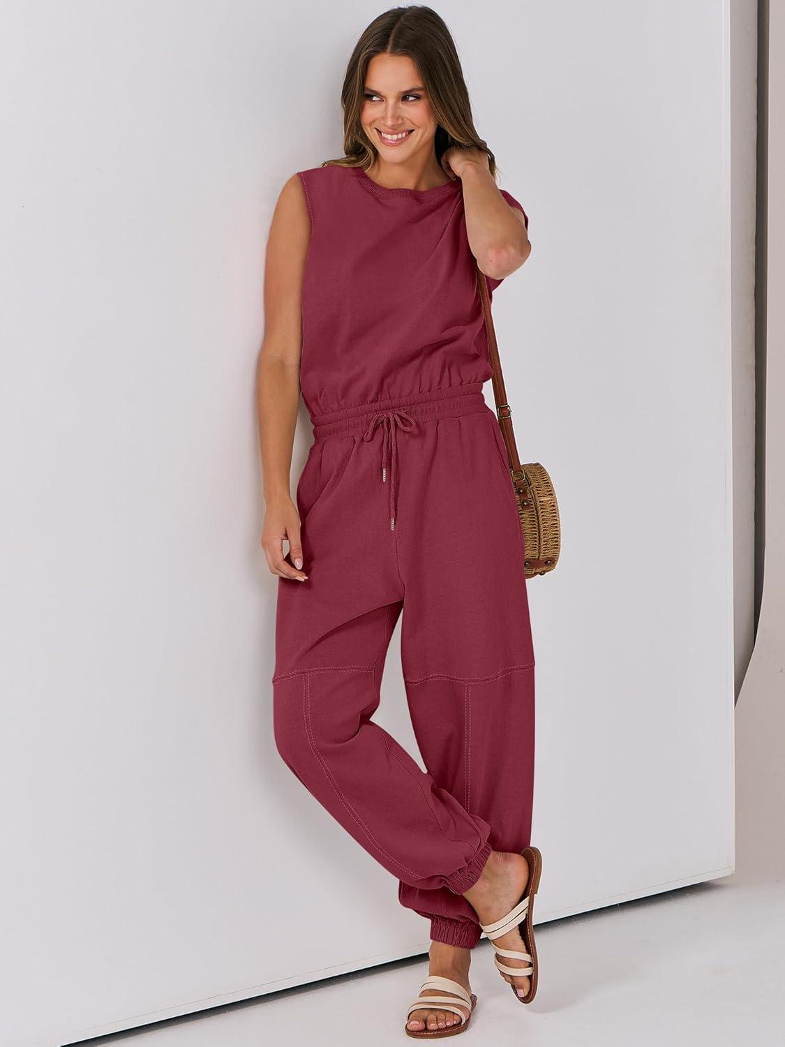 imageANRABESS Jumpsuits for Women Casual Summer Sleeveless 2025 Romper One Piece Outfit Active Workout Lounge Jumpsuits PocketsBurgundy