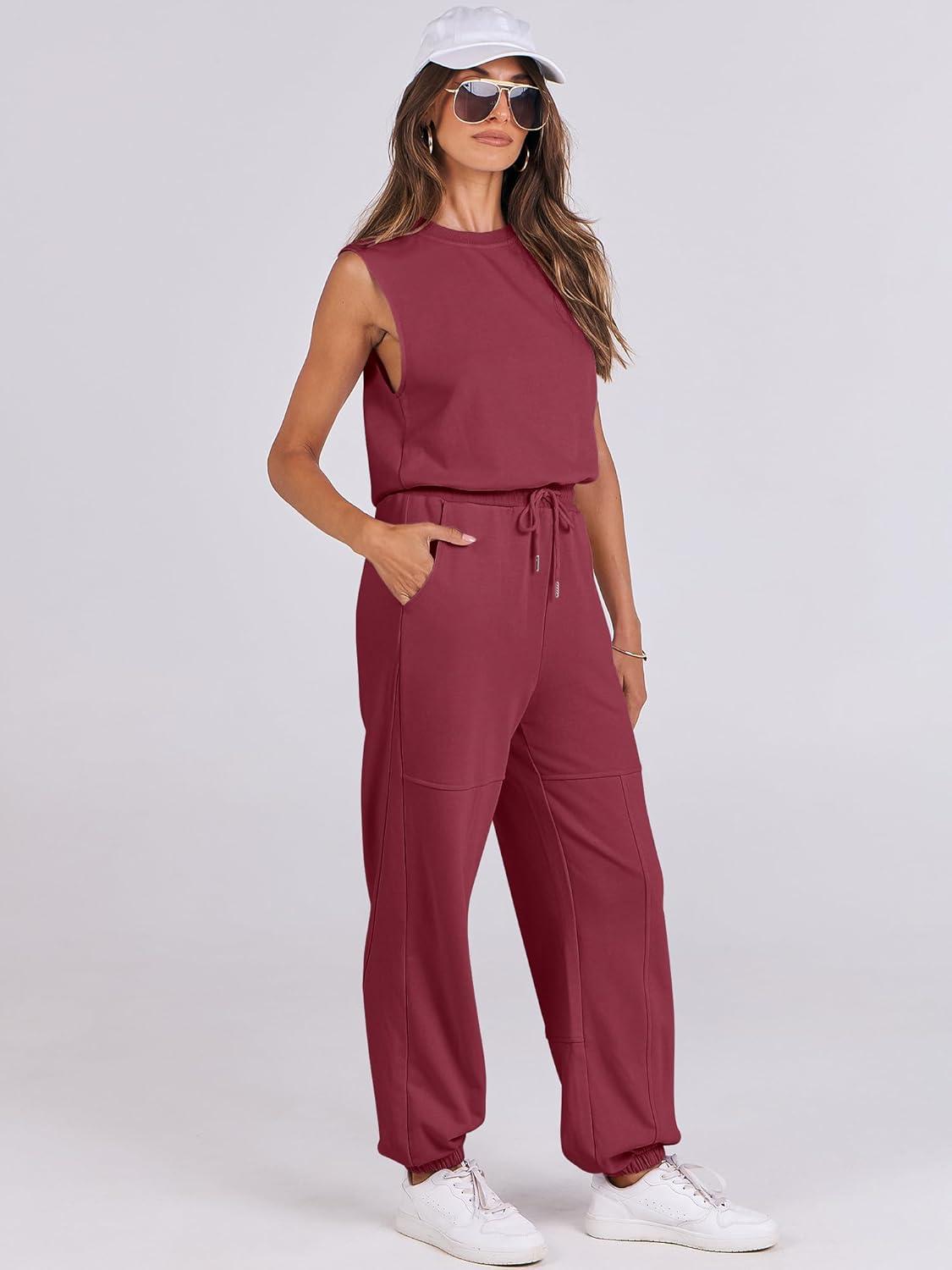 imageANRABESS Jumpsuits for Women Casual Summer Sleeveless 2025 Romper One Piece Outfit Active Workout Lounge Jumpsuits PocketsBurgundy