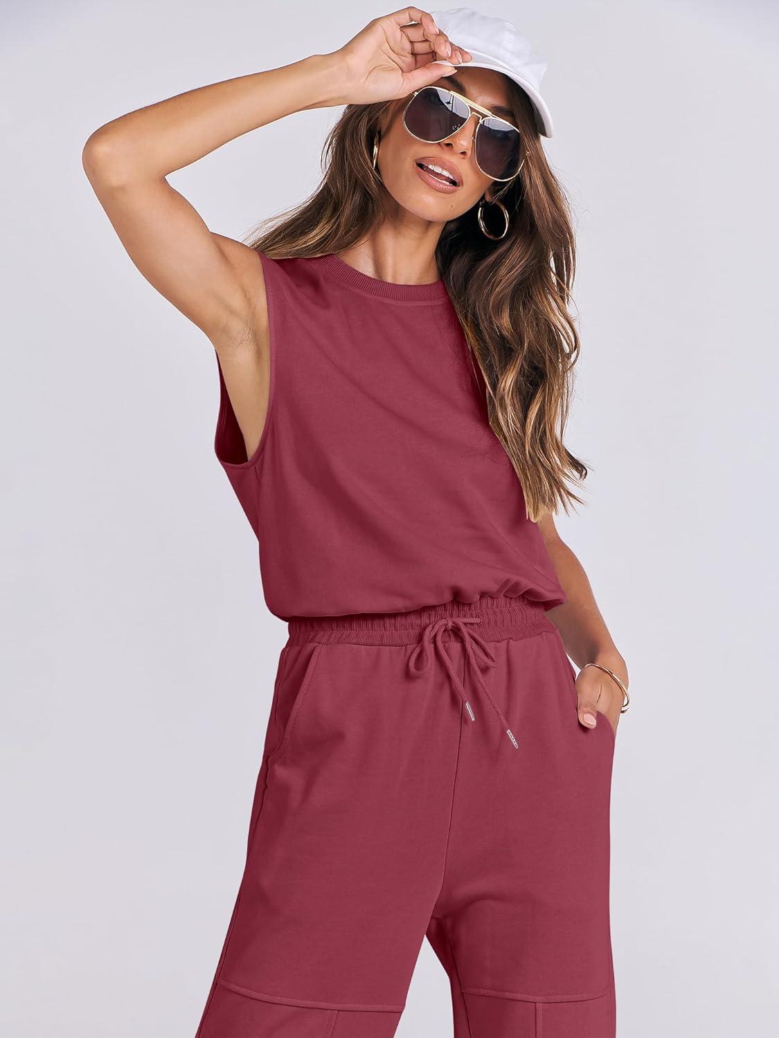 imageANRABESS Jumpsuits for Women Casual Summer Sleeveless 2025 Romper One Piece Outfit Active Workout Lounge Jumpsuits PocketsBurgundy