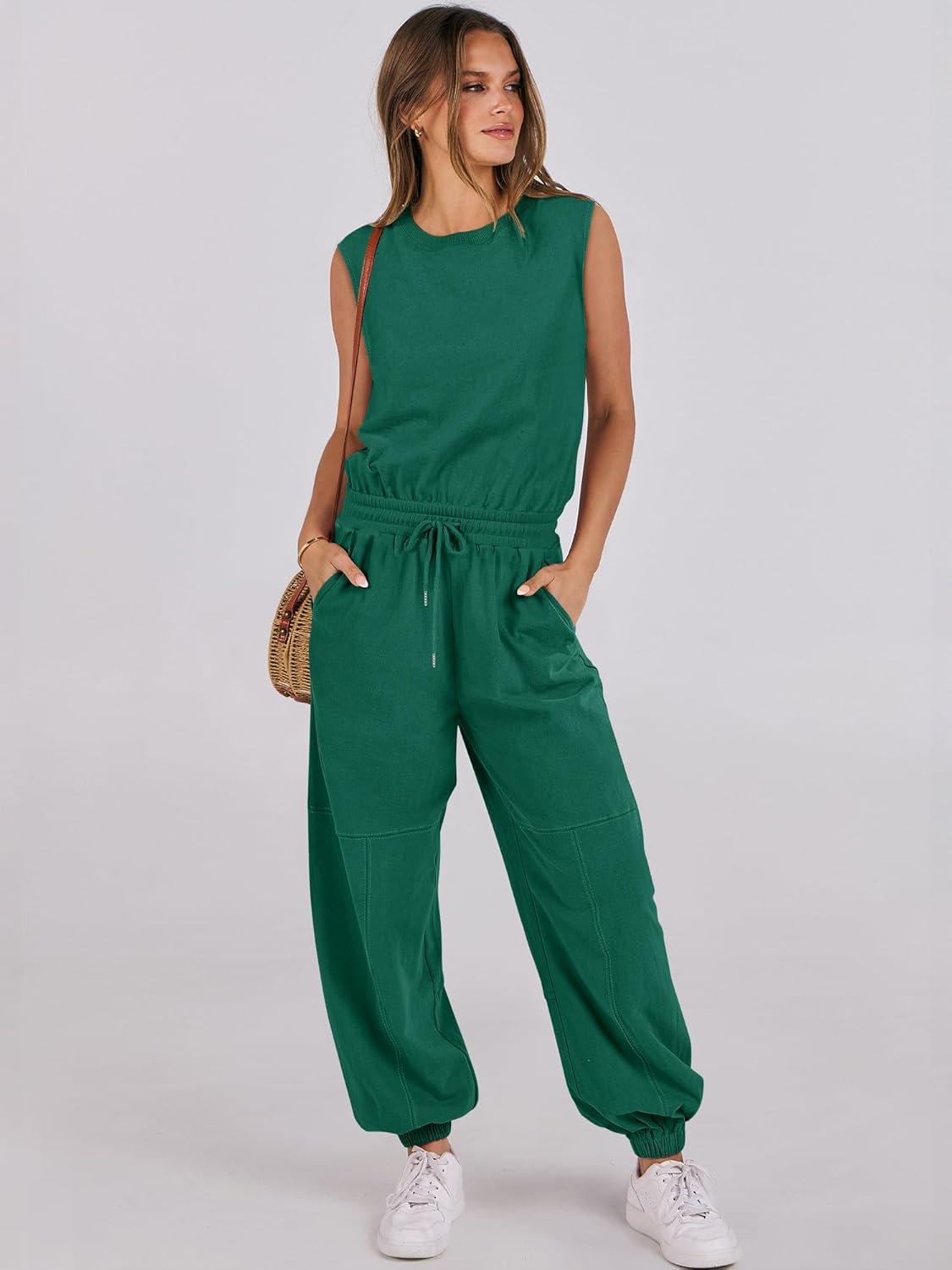 imageANRABESS Jumpsuits for Women Casual Summer Sleeveless 2025 Romper One Piece Outfit Active Workout Lounge Jumpsuits PocketsGreen