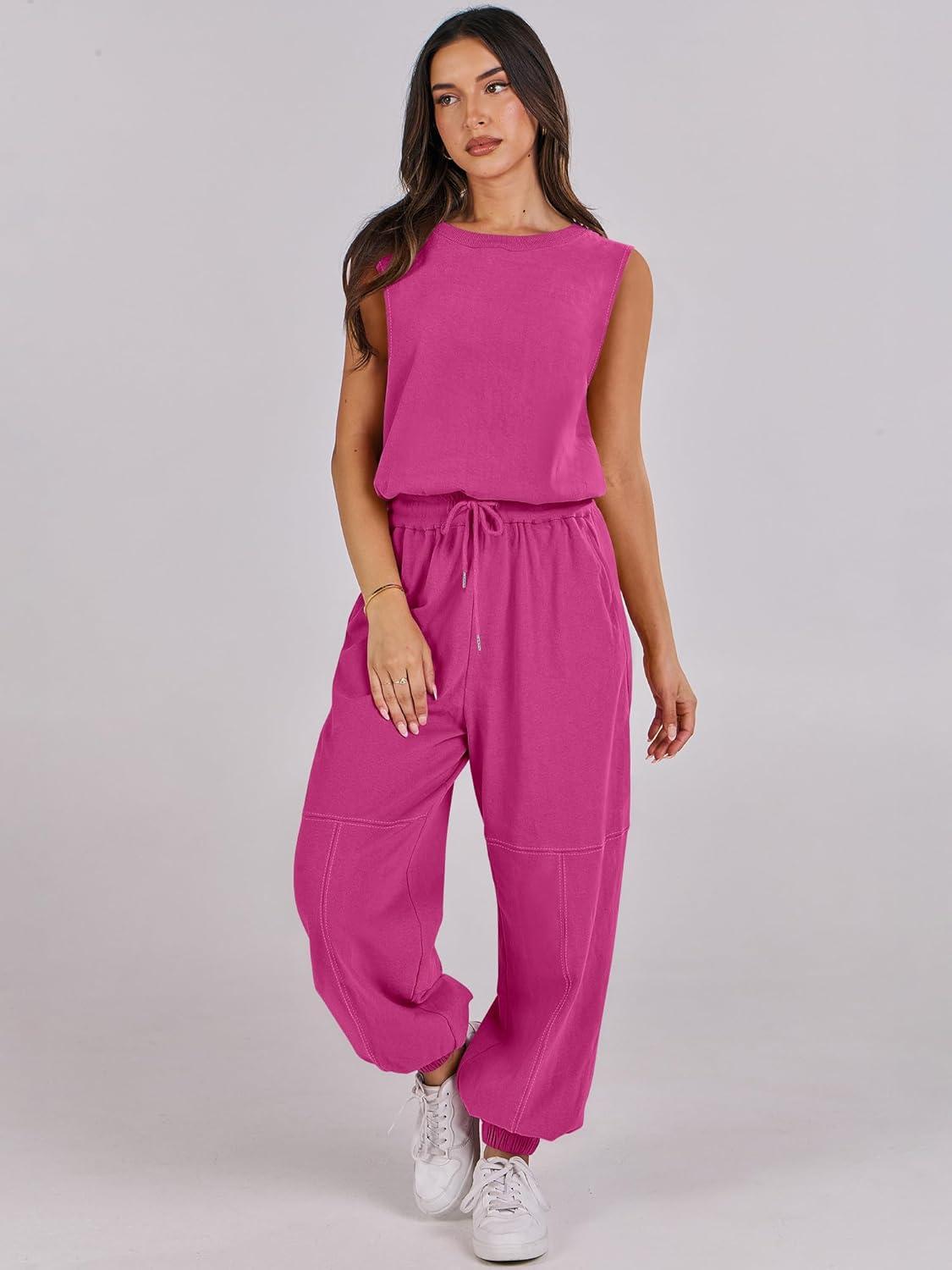 imageANRABESS Jumpsuits for Women Casual Summer Sleeveless 2025 Romper One Piece Outfit Active Workout Lounge Jumpsuits PocketsHot Pink