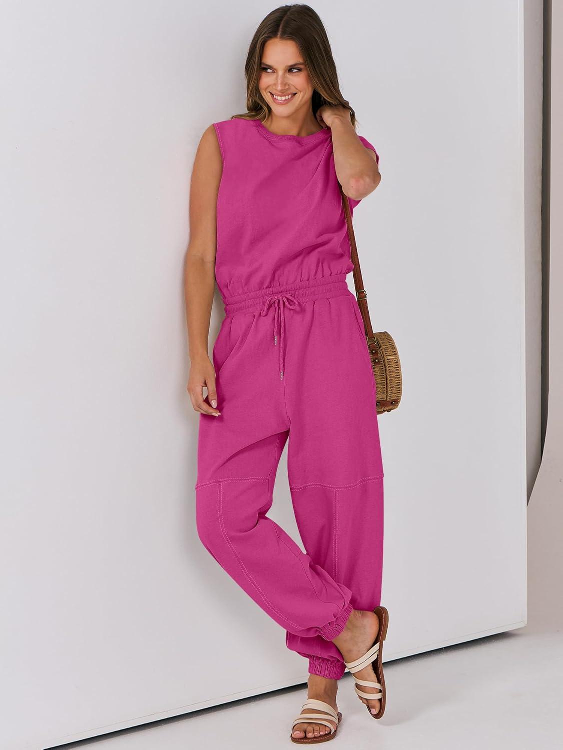 imageANRABESS Jumpsuits for Women Casual Summer Sleeveless 2025 Romper One Piece Outfit Active Workout Lounge Jumpsuits PocketsHot Pink