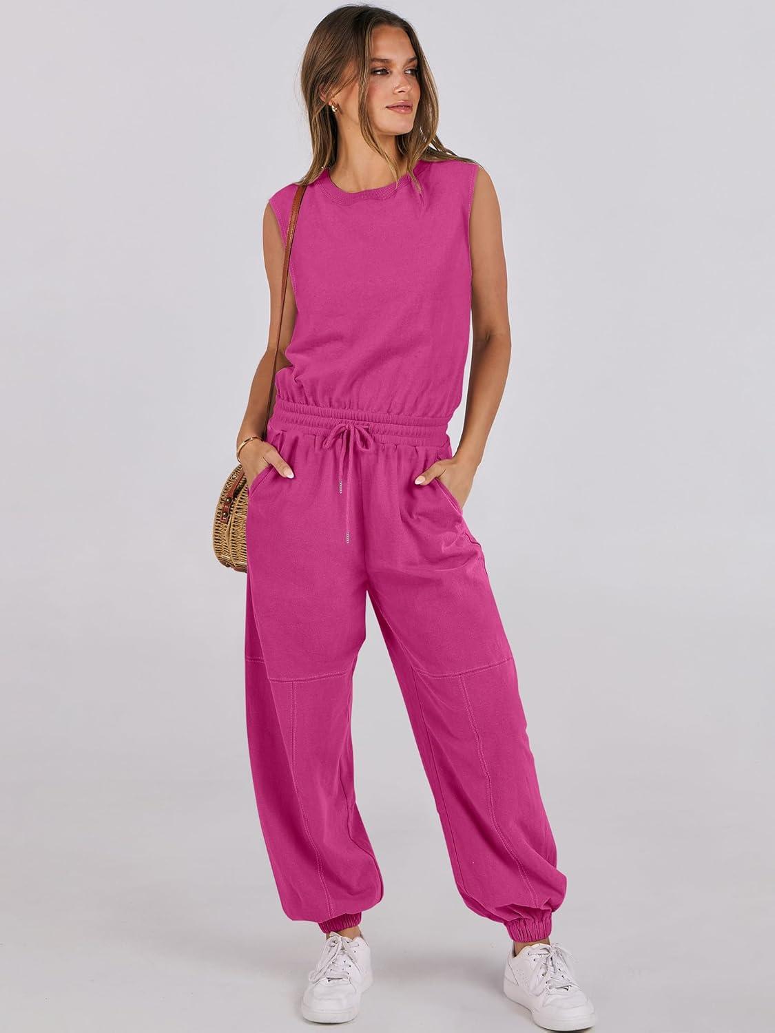 imageANRABESS Jumpsuits for Women Casual Summer Sleeveless 2025 Romper One Piece Outfit Active Workout Lounge Jumpsuits PocketsHot Pink