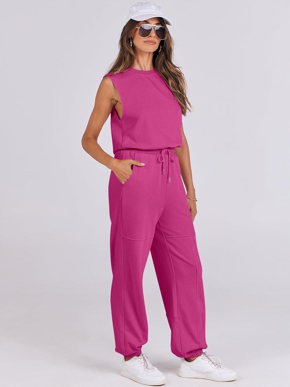 imageANRABESS Jumpsuits for Women Casual Summer Sleeveless 2025 Romper One Piece Outfit Active Workout Lounge Jumpsuits PocketsHot Pink