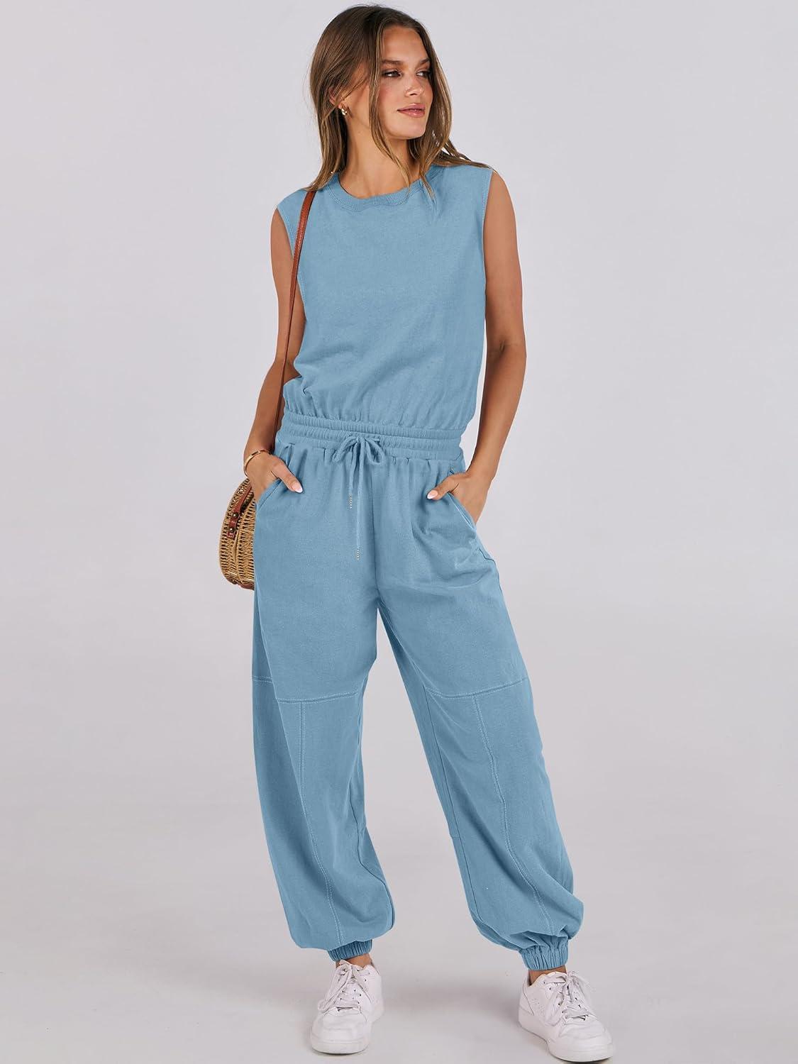 imageANRABESS Jumpsuits for Women Casual Summer Sleeveless 2025 Romper One Piece Outfit Active Workout Lounge Jumpsuits PocketsLake Blue