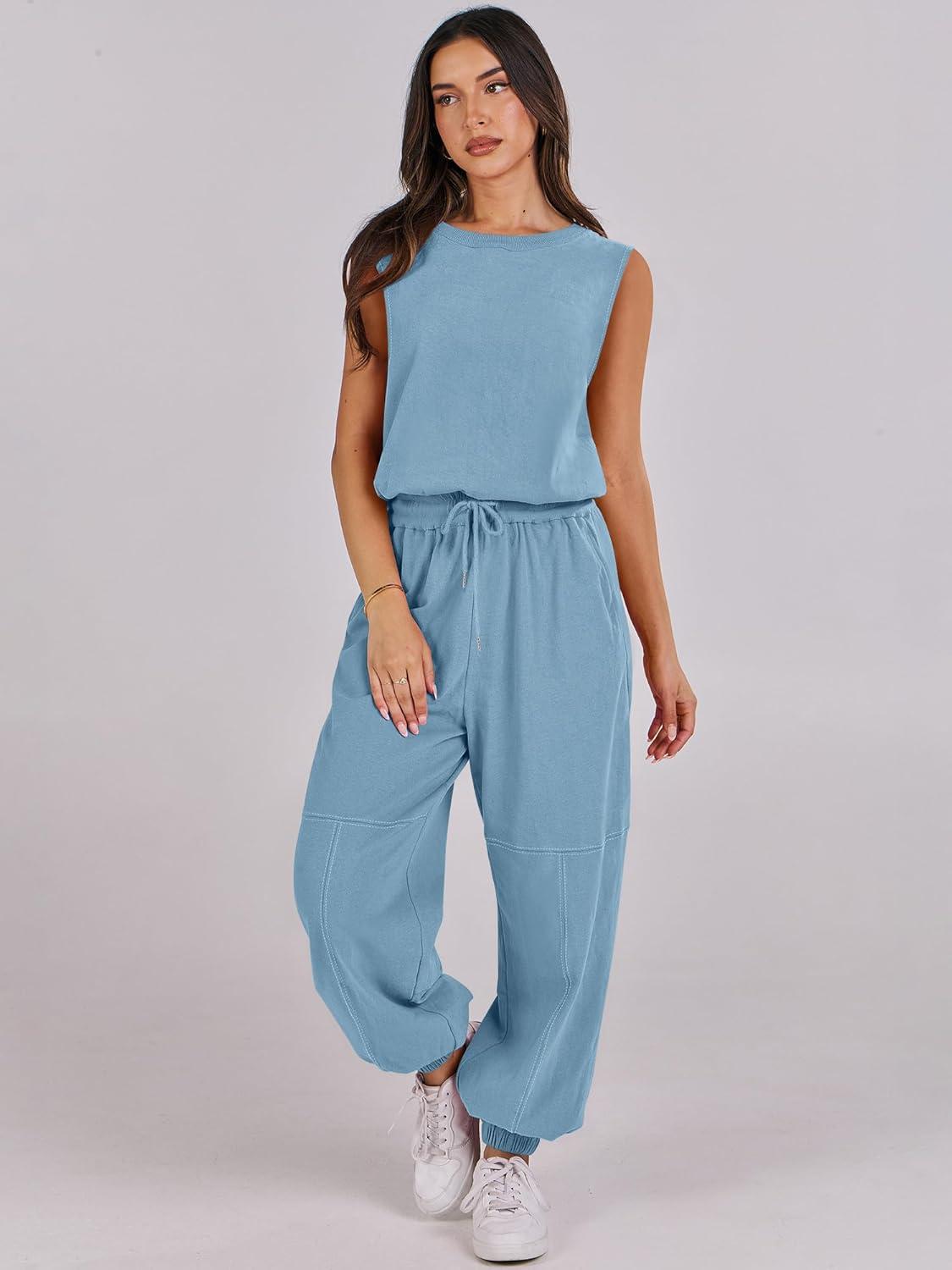 imageANRABESS Jumpsuits for Women Casual Summer Sleeveless 2025 Romper One Piece Outfit Active Workout Lounge Jumpsuits PocketsLake Blue