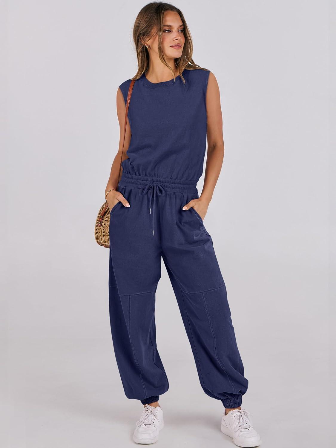 imageANRABESS Jumpsuits for Women Casual Summer Sleeveless 2025 Romper One Piece Outfit Active Workout Lounge Jumpsuits PocketsNavy Blue