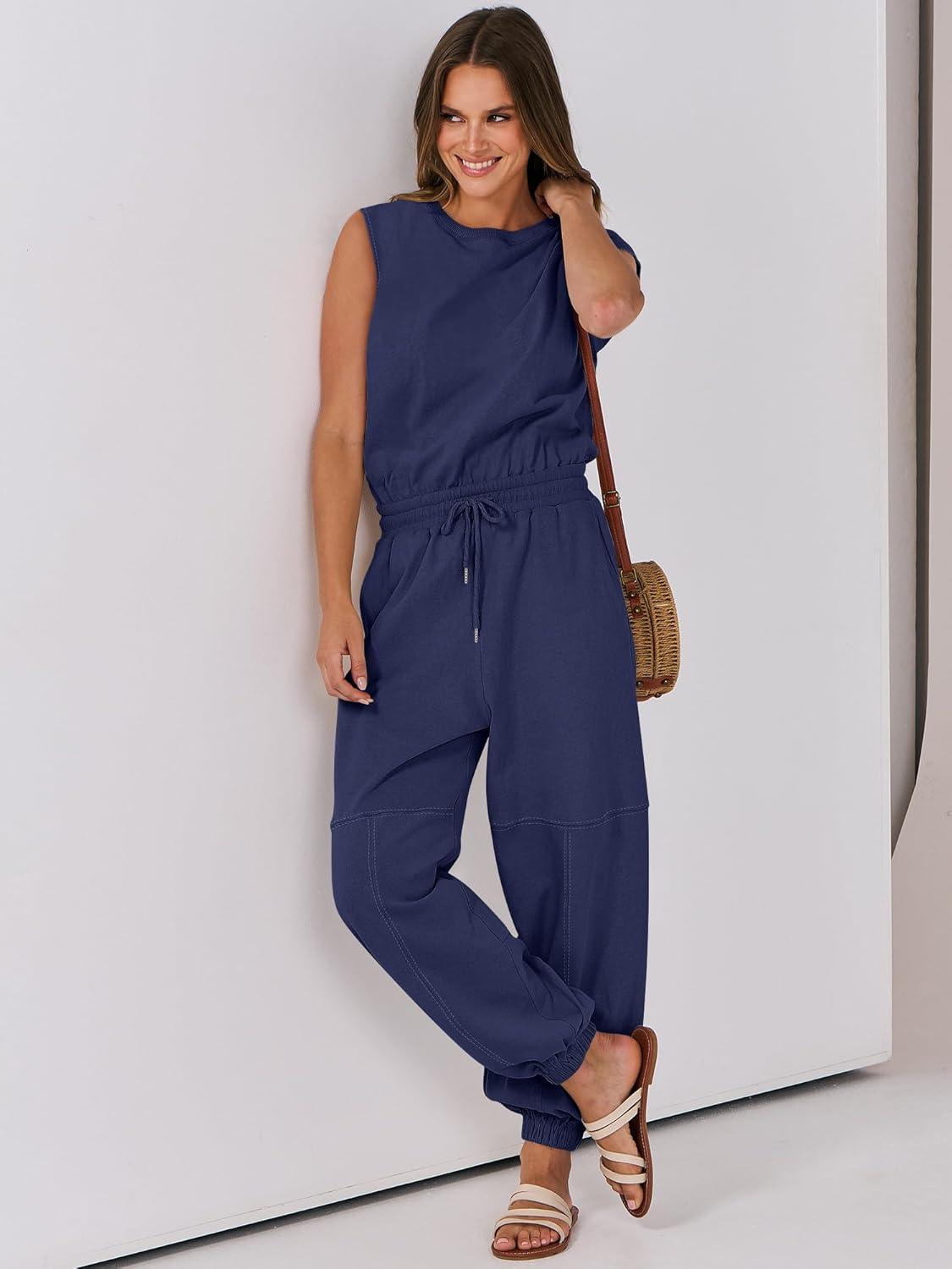 imageANRABESS Jumpsuits for Women Casual Summer Sleeveless 2025 Romper One Piece Outfit Active Workout Lounge Jumpsuits PocketsNavy Blue