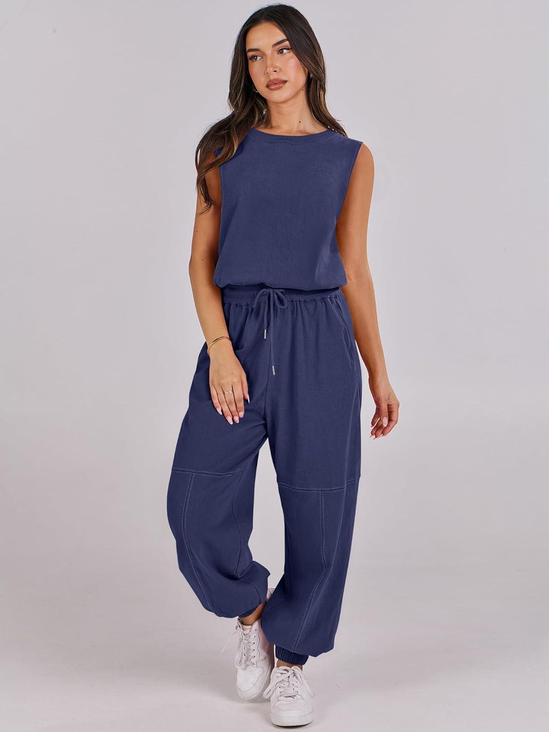 imageANRABESS Jumpsuits for Women Casual Summer Sleeveless 2025 Romper One Piece Outfit Active Workout Lounge Jumpsuits PocketsNavy Blue