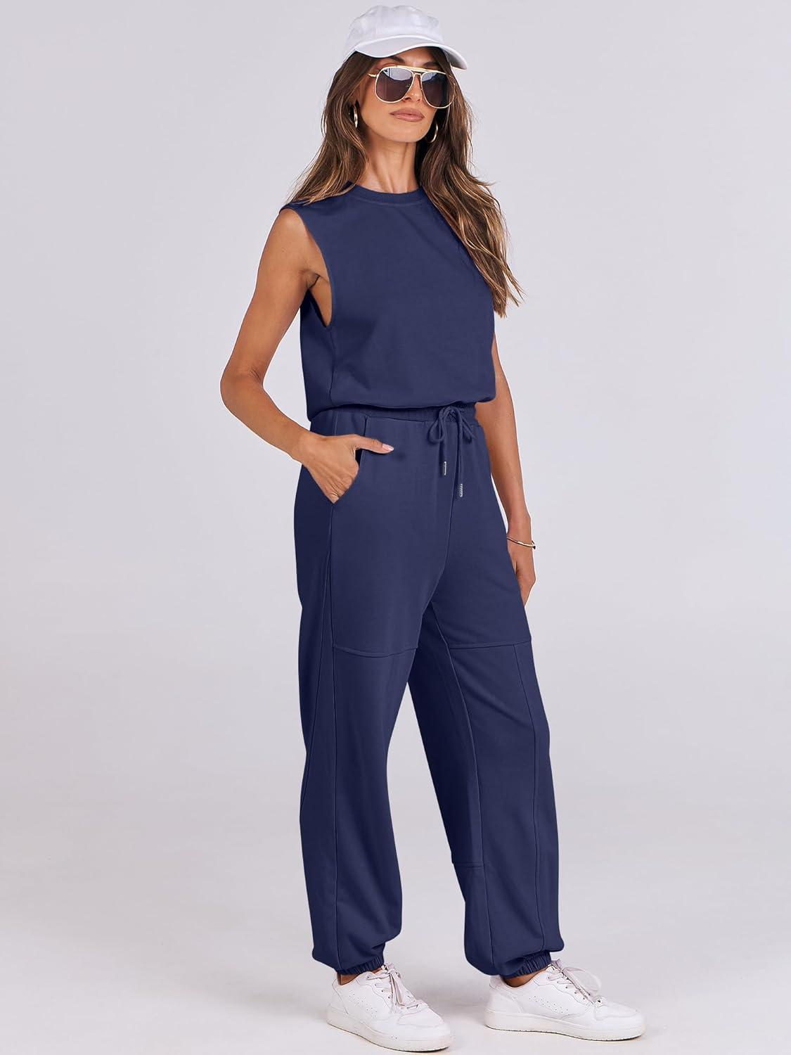 imageANRABESS Jumpsuits for Women Casual Summer Sleeveless 2025 Romper One Piece Outfit Active Workout Lounge Jumpsuits PocketsNavy Blue