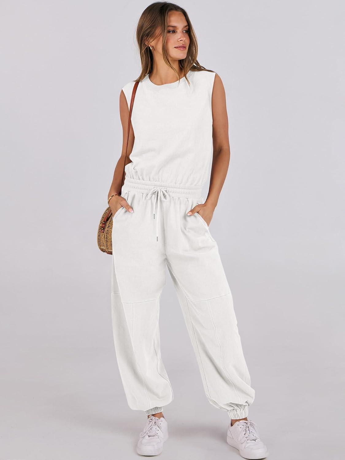 imageANRABESS Jumpsuits for Women Casual Summer Sleeveless 2025 Romper One Piece Outfit Active Workout Lounge Jumpsuits PocketsWhite