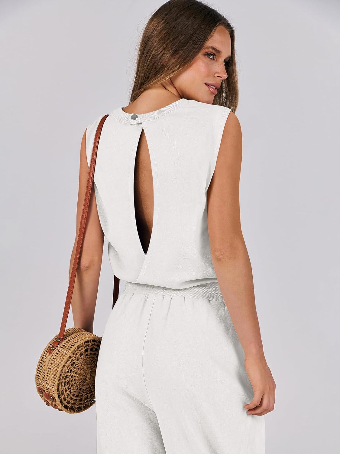 imageANRABESS Jumpsuits for Women Casual Summer Sleeveless 2025 Romper One Piece Outfit Active Workout Lounge Jumpsuits PocketsWhite