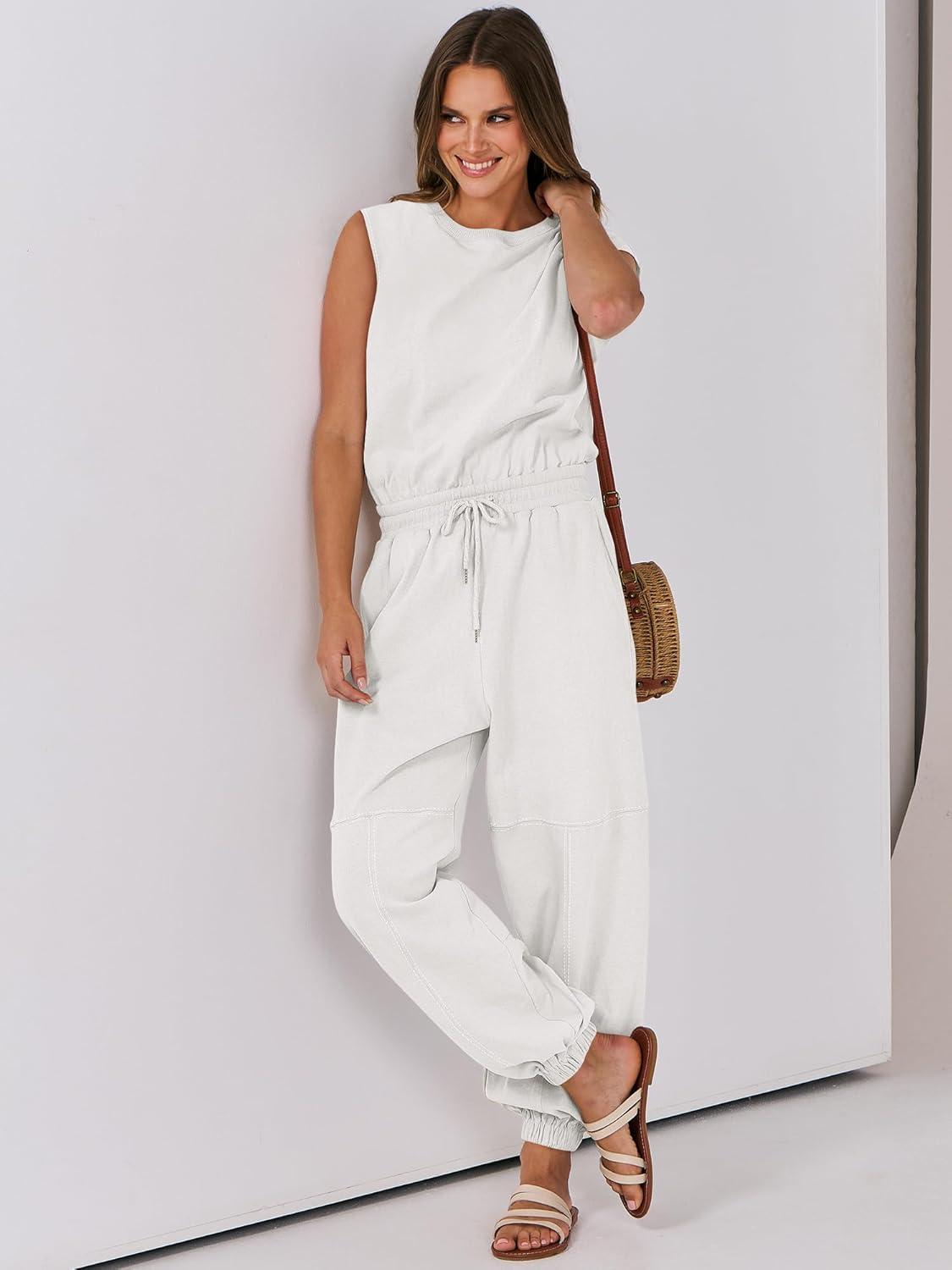 imageANRABESS Jumpsuits for Women Casual Summer Sleeveless 2025 Romper One Piece Outfit Active Workout Lounge Jumpsuits PocketsWhite