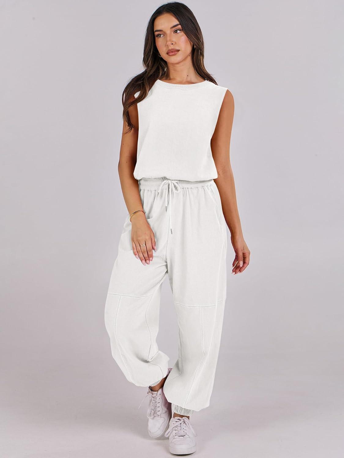 imageANRABESS Jumpsuits for Women Casual Summer Sleeveless 2025 Romper One Piece Outfit Active Workout Lounge Jumpsuits PocketsWhite