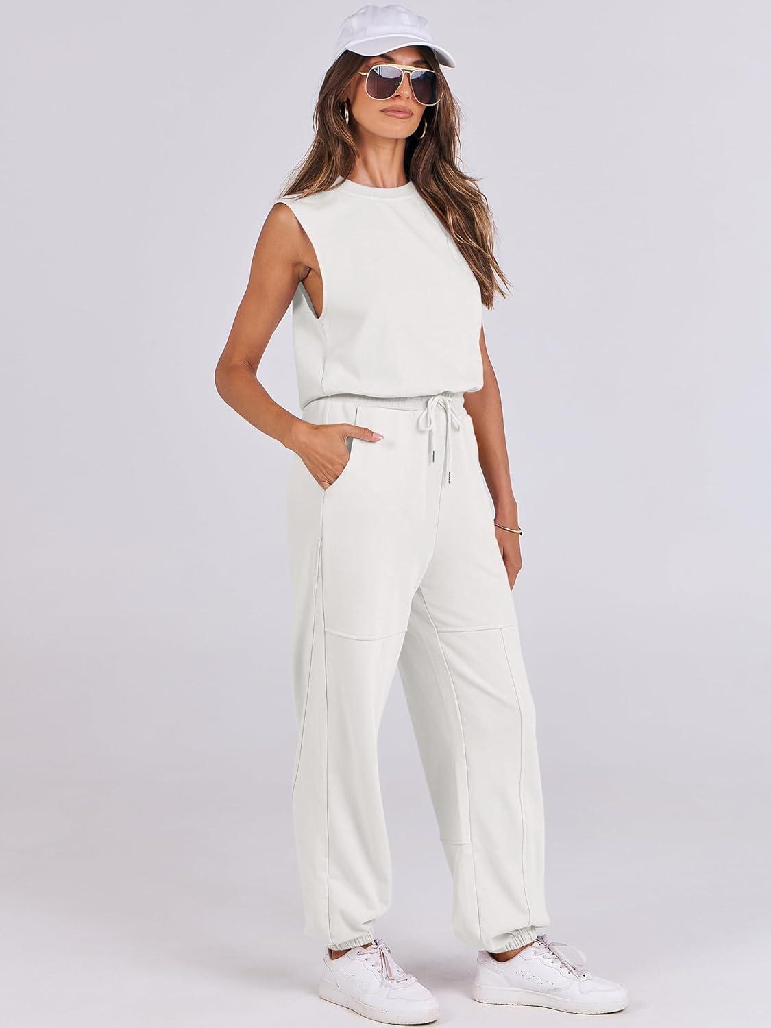 imageANRABESS Jumpsuits for Women Casual Summer Sleeveless 2025 Romper One Piece Outfit Active Workout Lounge Jumpsuits PocketsWhite