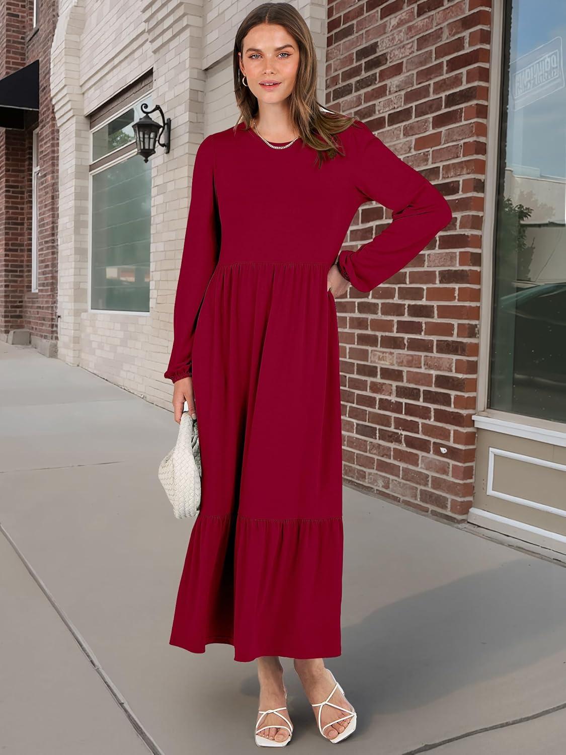 imageANRABESS Long Sleeve Midi Dresses for Women Casual 2025 Fall Crewneck A Line Tiered Flowy Loose Trendy Dresses with PocketsBurgundy