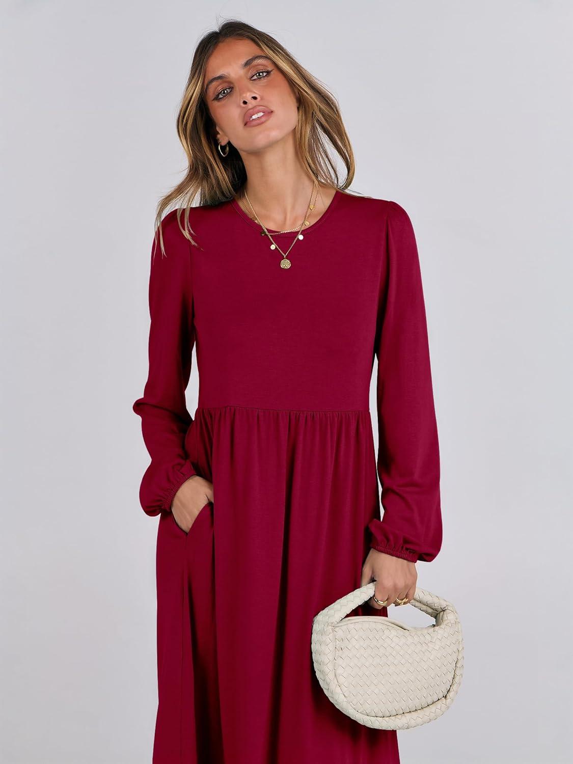 imageANRABESS Long Sleeve Midi Dresses for Women Casual 2025 Fall Crewneck A Line Tiered Flowy Loose Trendy Dresses with PocketsBurgundy