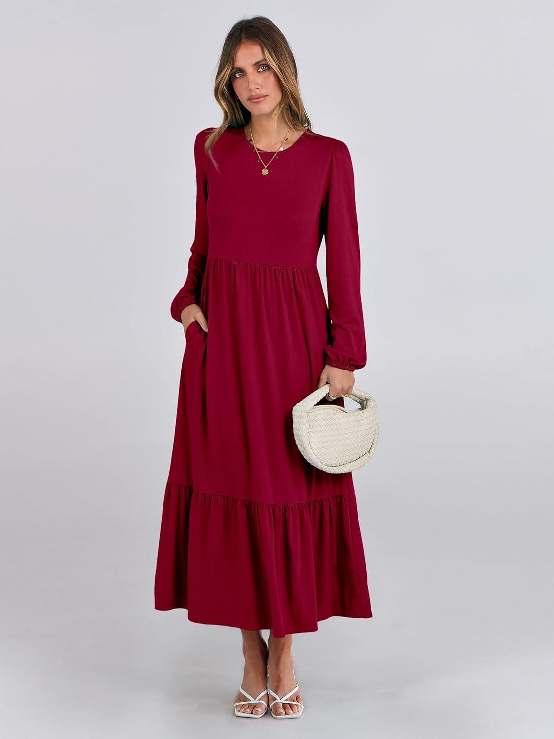 imageANRABESS Long Sleeve Midi Dresses for Women Casual 2025 Fall Crewneck A Line Tiered Flowy Loose Trendy Dresses with PocketsBurgundy