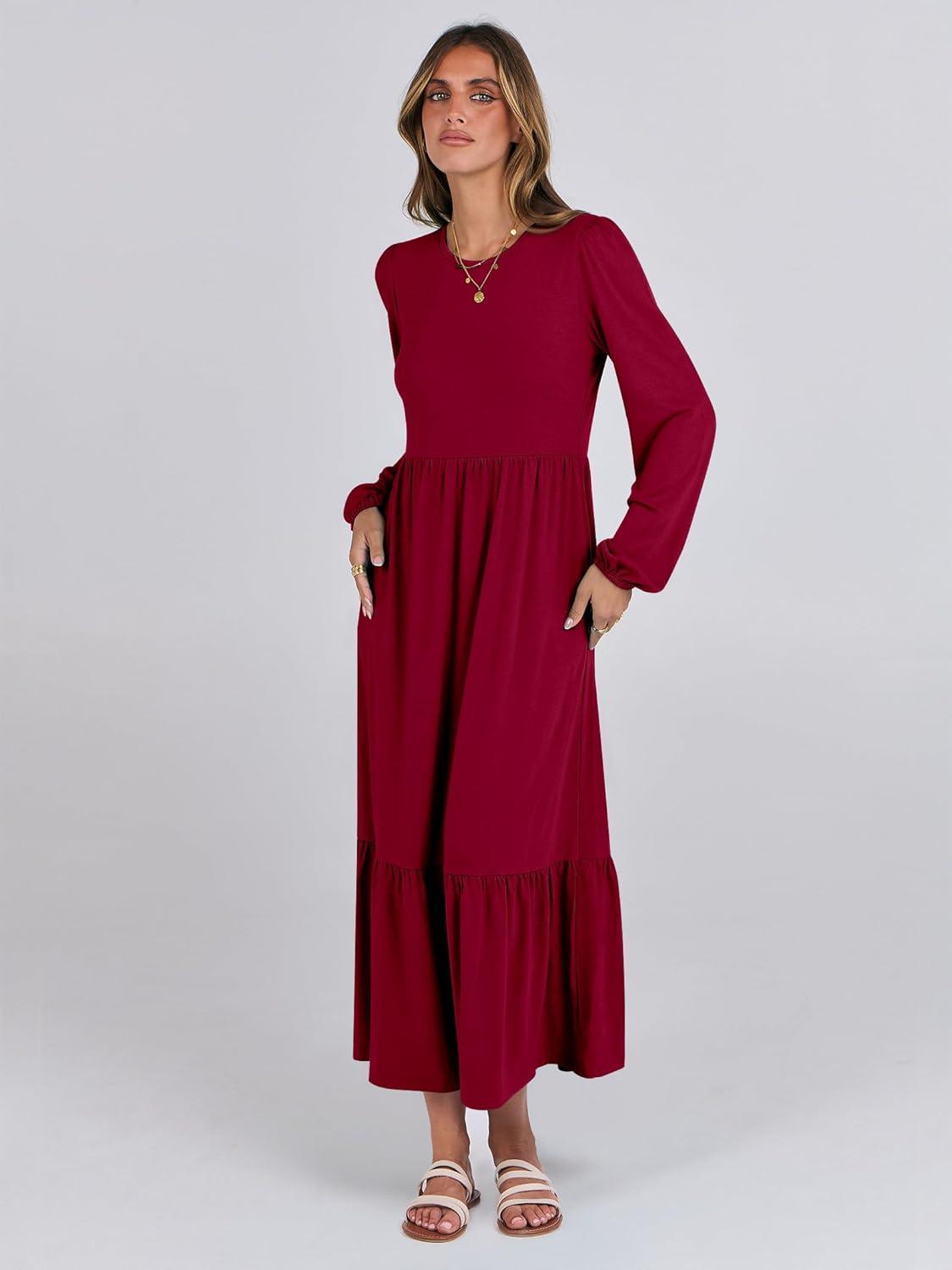 imageANRABESS Long Sleeve Midi Dresses for Women Casual 2025 Fall Crewneck A Line Tiered Flowy Loose Trendy Dresses with PocketsBurgundy