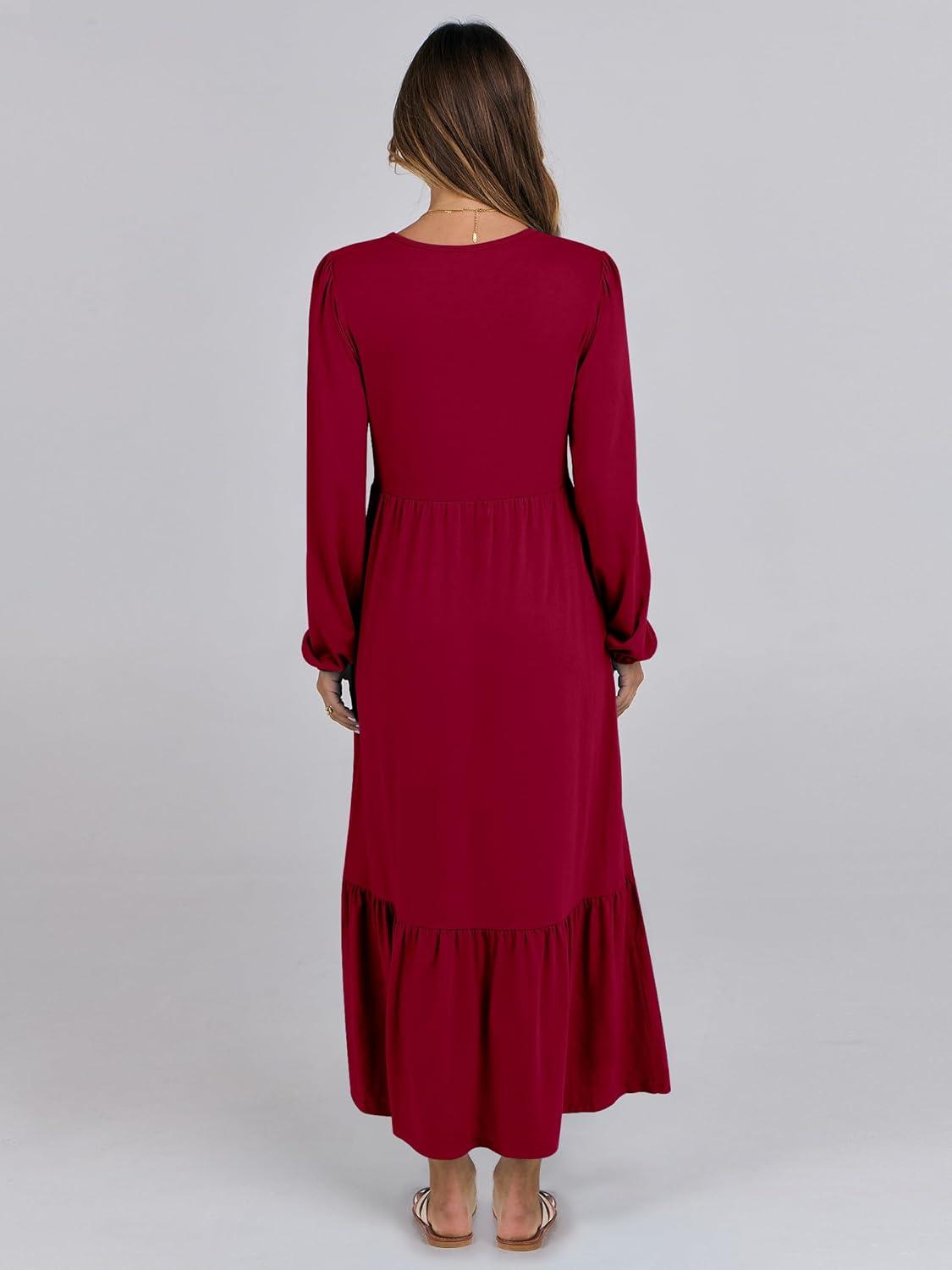 imageANRABESS Long Sleeve Midi Dresses for Women Casual 2025 Fall Crewneck A Line Tiered Flowy Loose Trendy Dresses with PocketsBurgundy