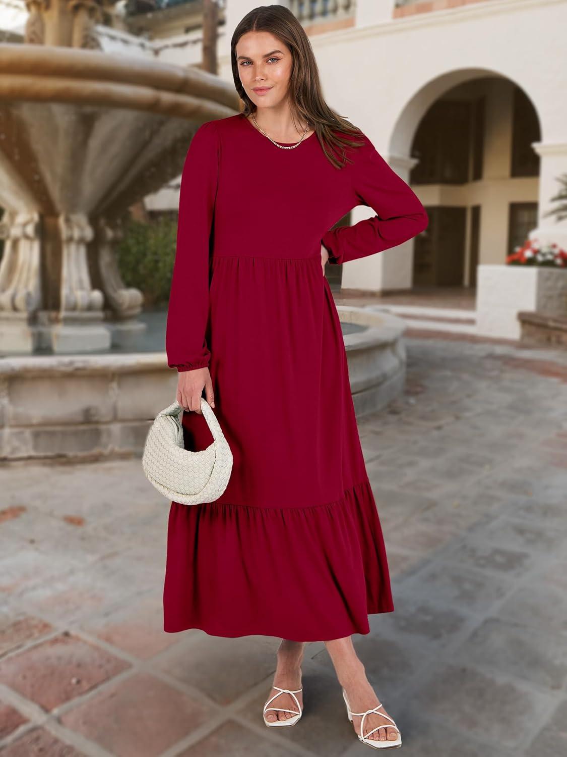imageANRABESS Long Sleeve Midi Dresses for Women Casual 2025 Fall Crewneck A Line Tiered Flowy Loose Trendy Dresses with PocketsBurgundy