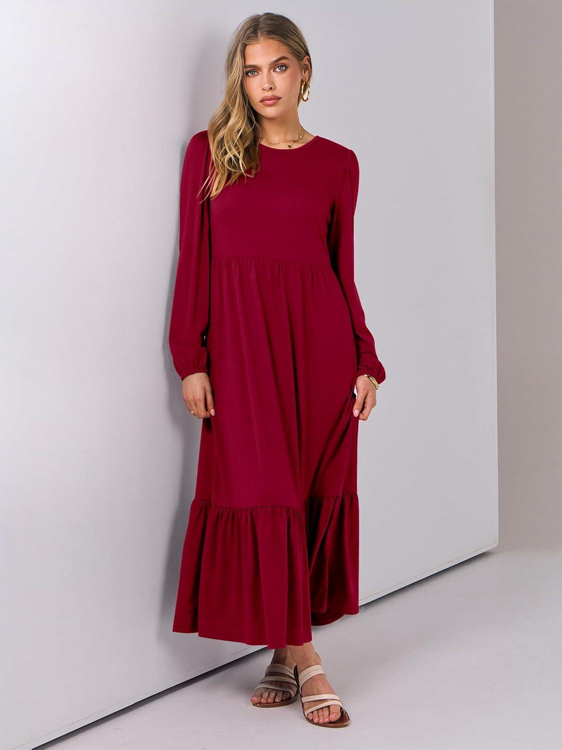 imageANRABESS Long Sleeve Midi Dresses for Women Casual 2025 Fall Crewneck A Line Tiered Flowy Loose Trendy Dresses with PocketsBurgundy