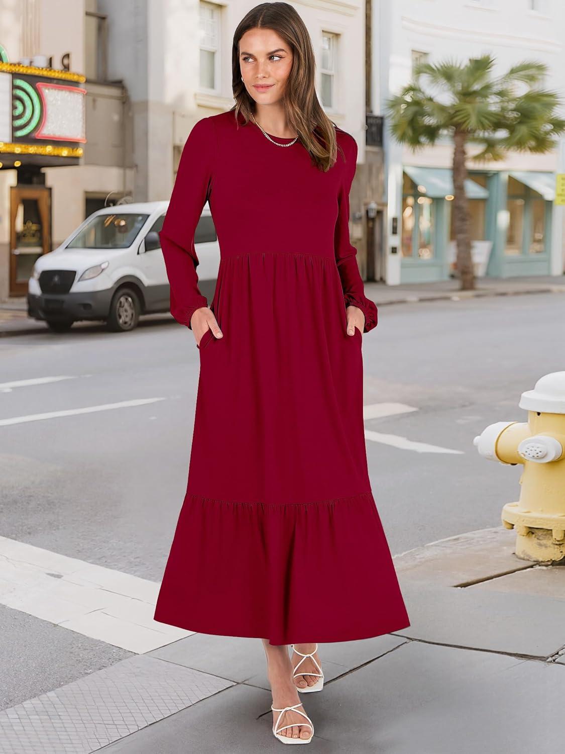 imageANRABESS Long Sleeve Midi Dresses for Women Casual 2025 Fall Crewneck A Line Tiered Flowy Loose Trendy Dresses with PocketsBurgundy