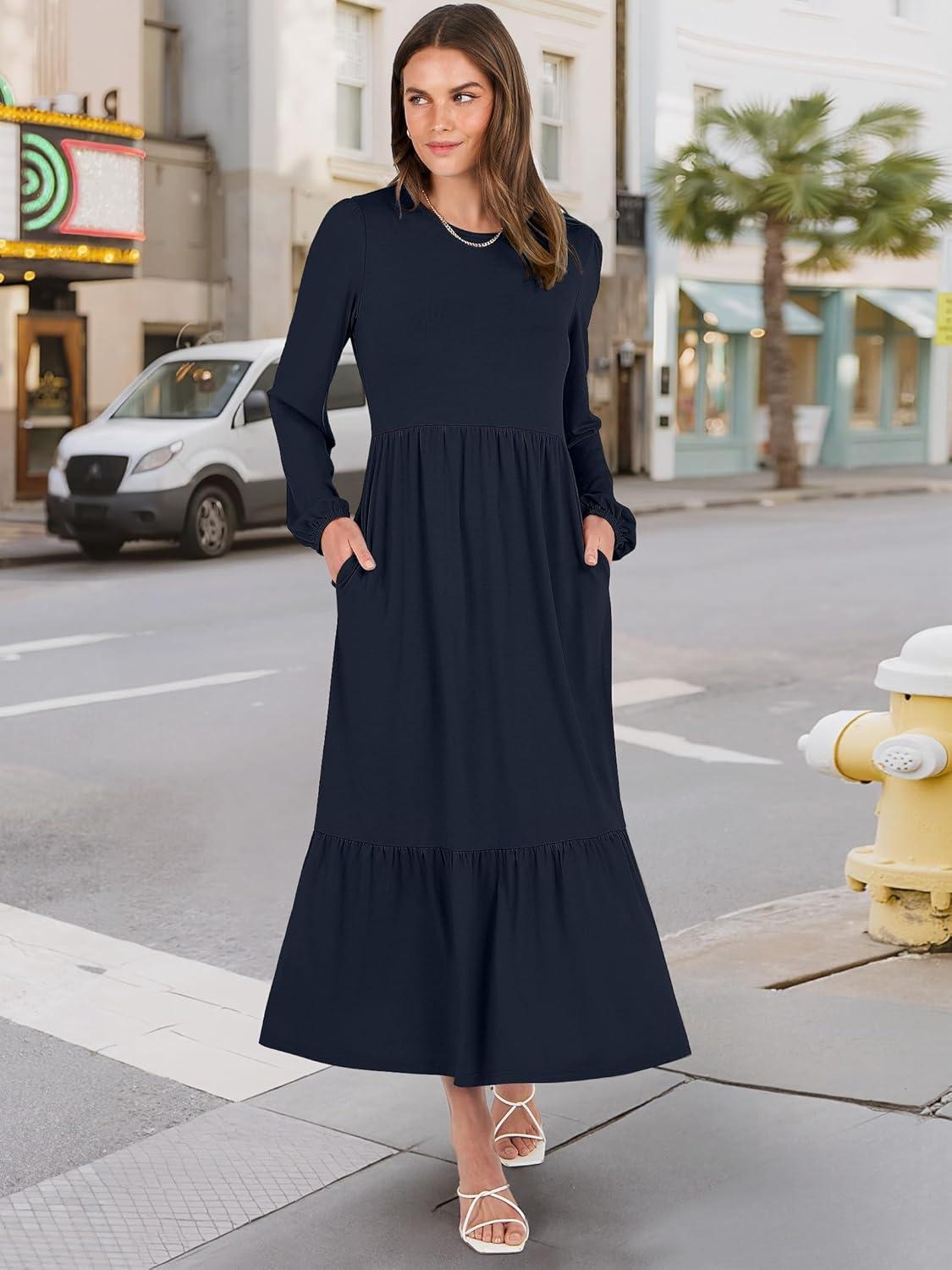 imageANRABESS Long Sleeve Midi Dresses for Women Casual 2025 Fall Crewneck A Line Tiered Flowy Loose Trendy Dresses with PocketsDark Navy Blue