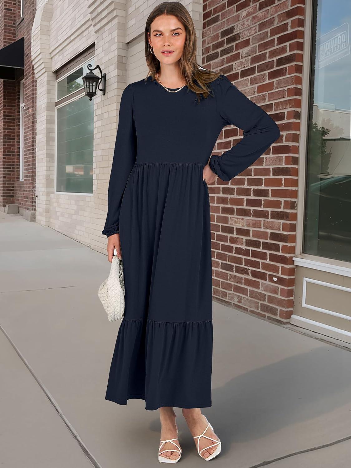 imageANRABESS Long Sleeve Midi Dresses for Women Casual 2025 Fall Crewneck A Line Tiered Flowy Loose Trendy Dresses with PocketsDark Navy Blue